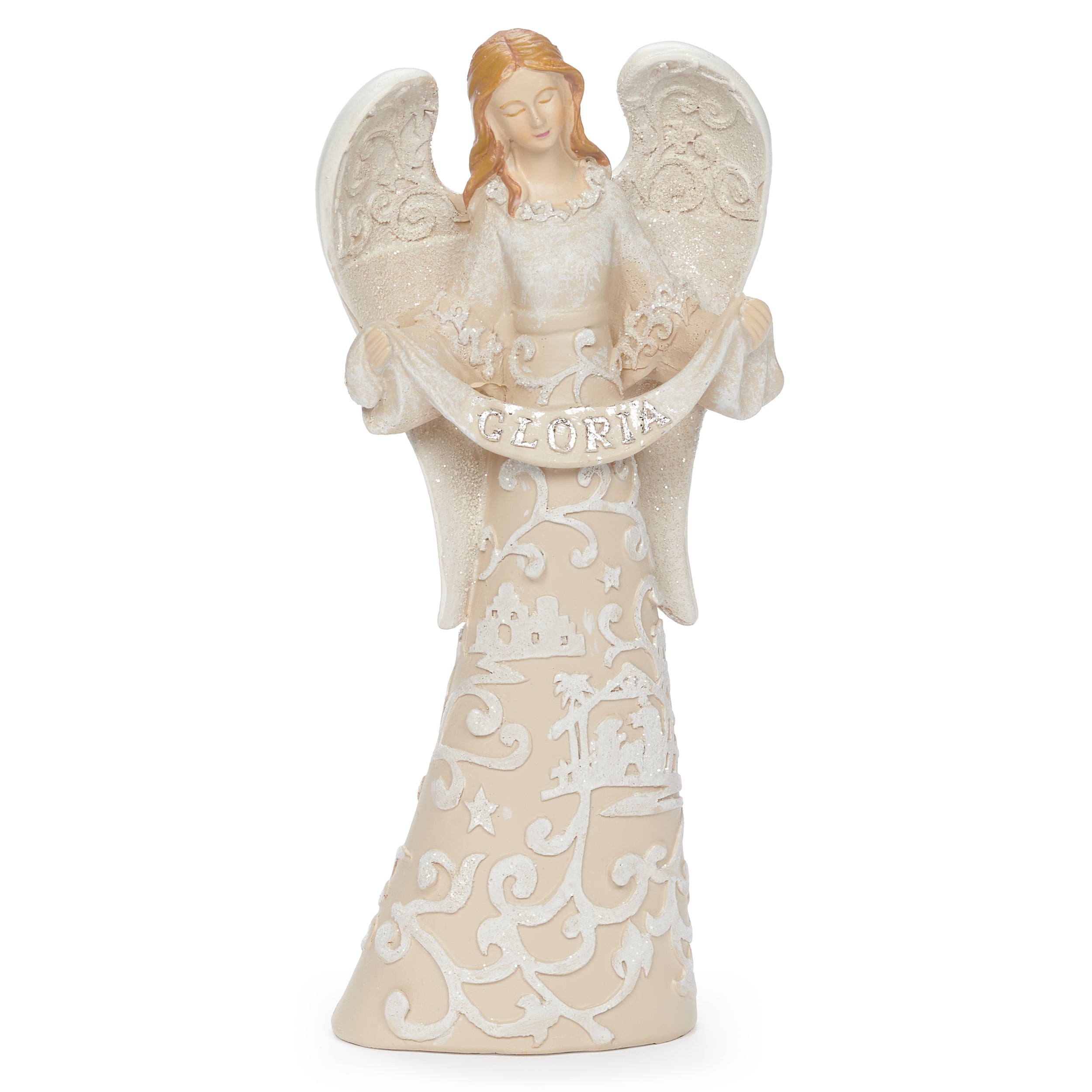 Decorative angel figurine holding a "Gloria" banner on a textured surface