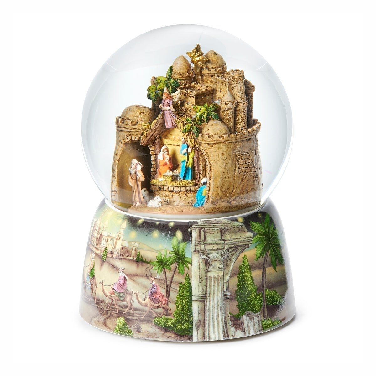 Front view of Bethlehem musical snow globe with colorful figures, stone buildings, and green accents on the base.
