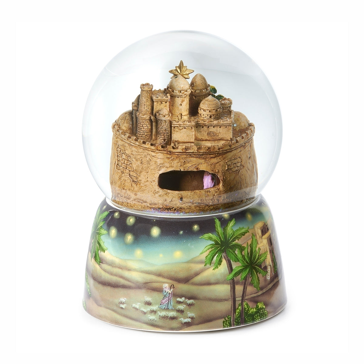 Rear view of Bethlehem musical snow globe showing stone buildings inside the dome and a village landscape on the base.