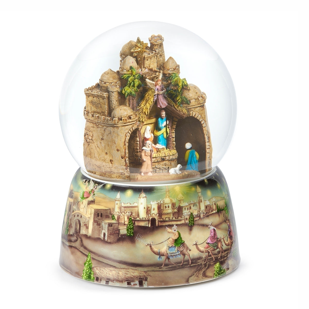 Angled view of Bethlehem musical snow globe showing figures beneath a stone arch and village details around the base.