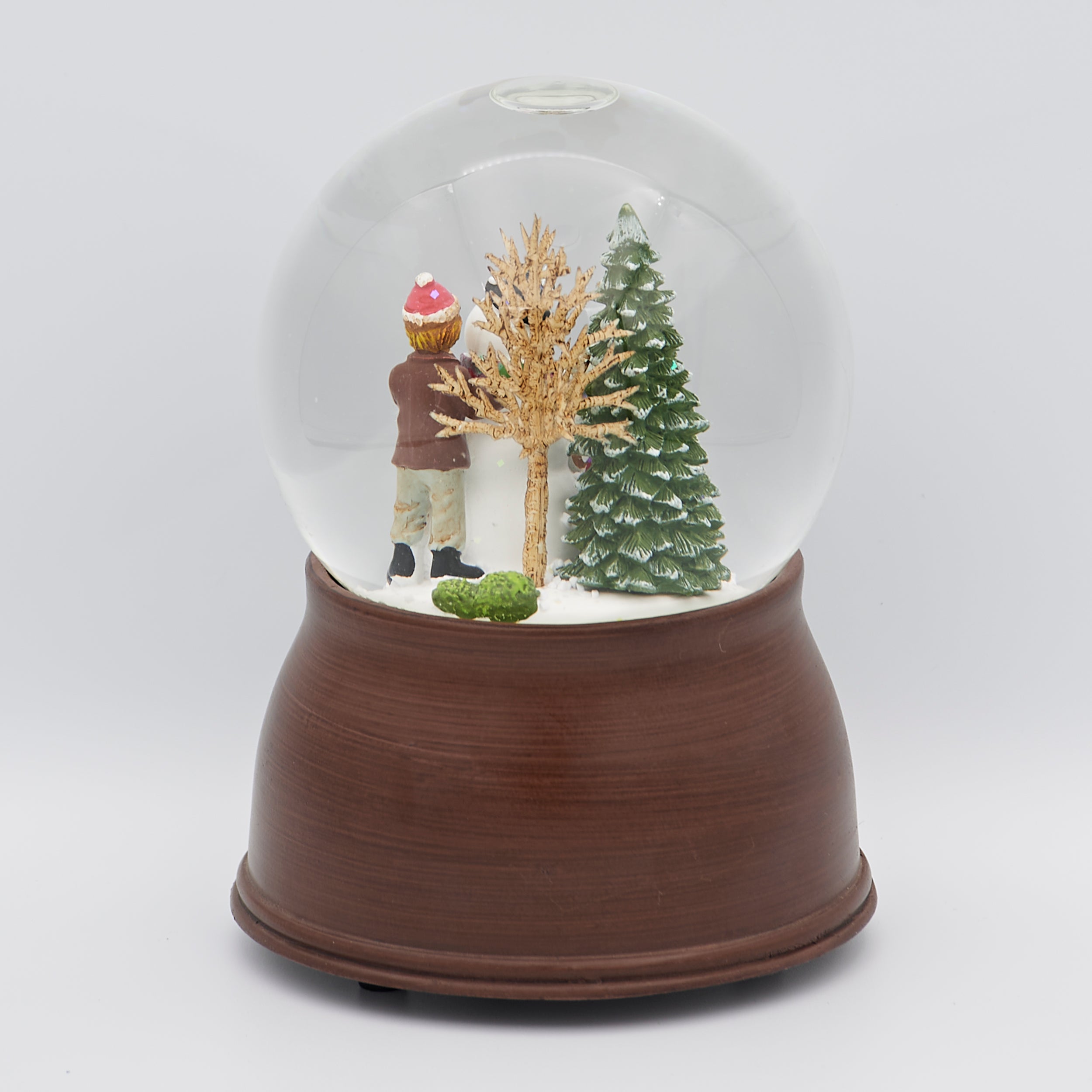 Glitterdome Musical Children Building Snowman with Wood Look Base – "We Wish You a Merry Christmas" Tune