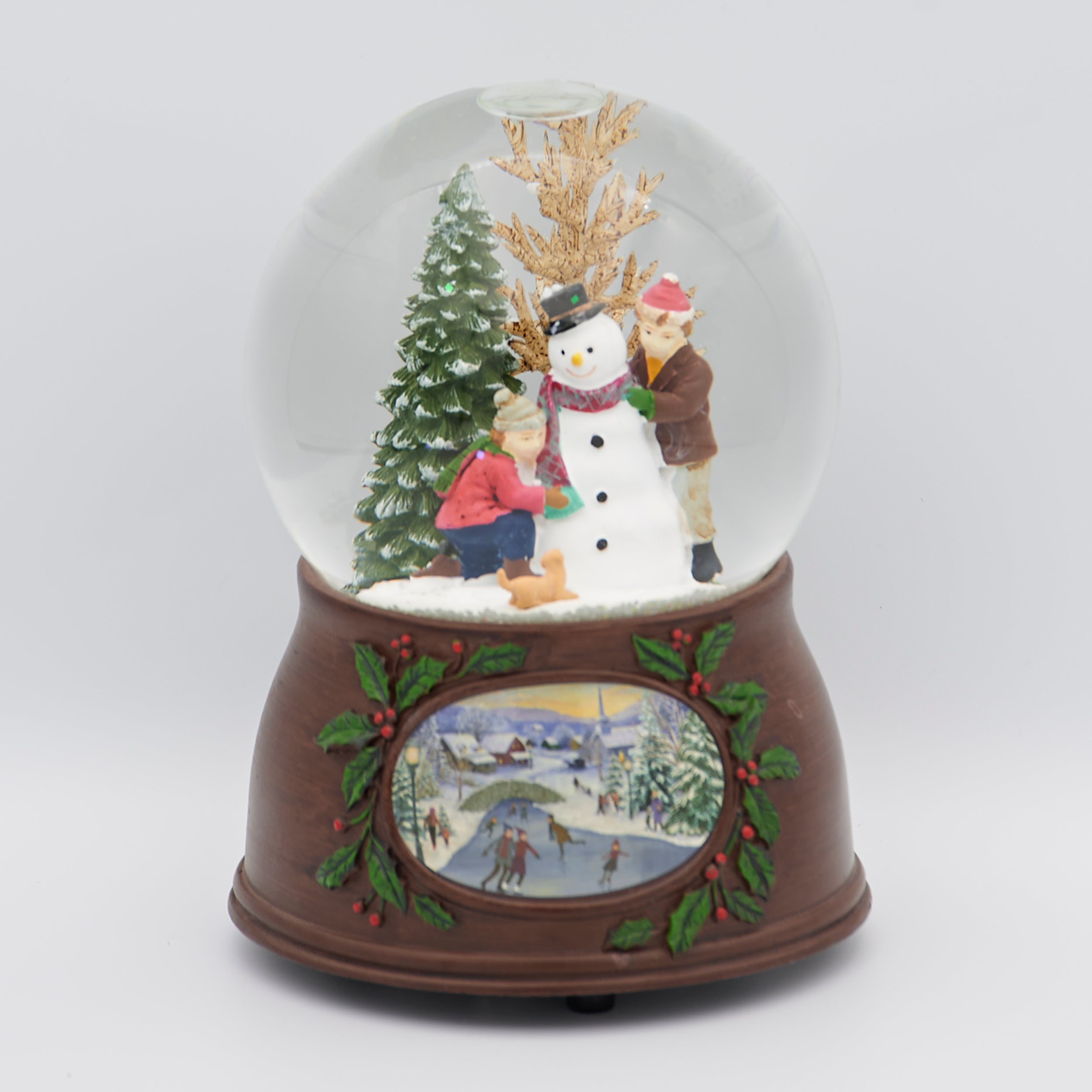 Glitterdome Musical Children Building Snowman with Wood Look Base – "We Wish You a Merry Christmas" Tune