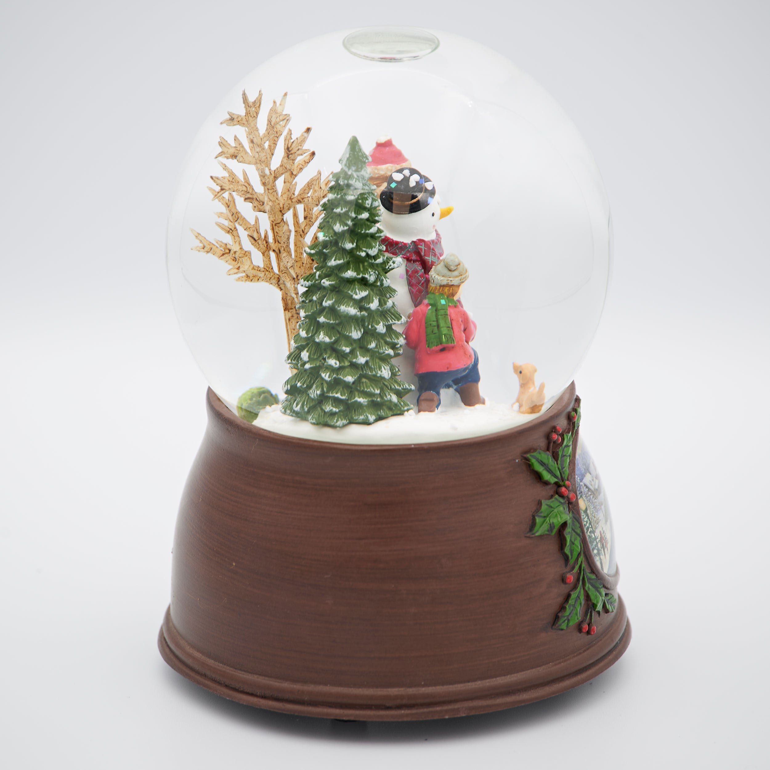 Glitterdome Musical Children Building Snowman with Wood Look Base – "We Wish You a Merry Christmas" Tune