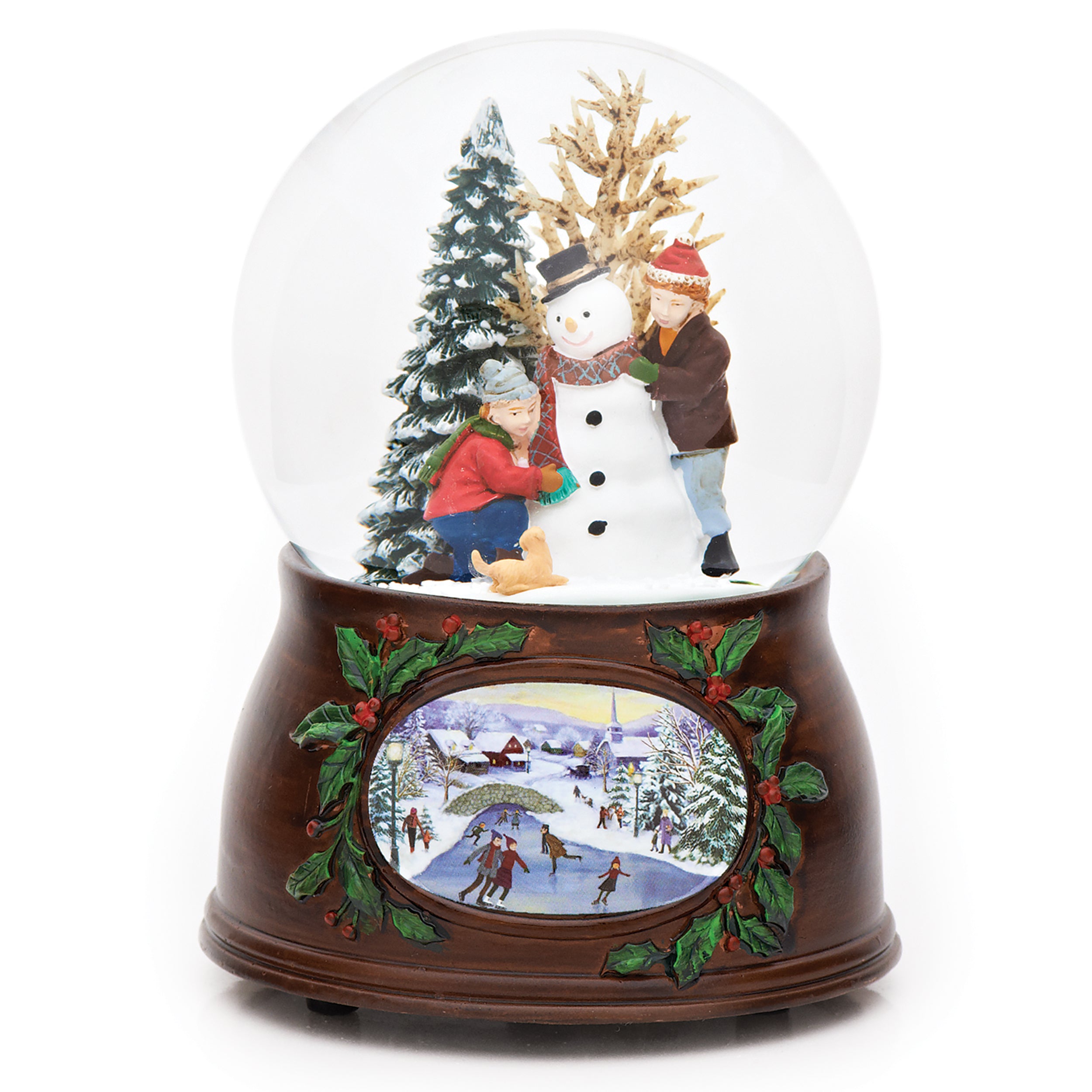 Glitterdome Musical Children Building Snowman with Wood Look Base – "We Wish You a Merry Christmas" Tune