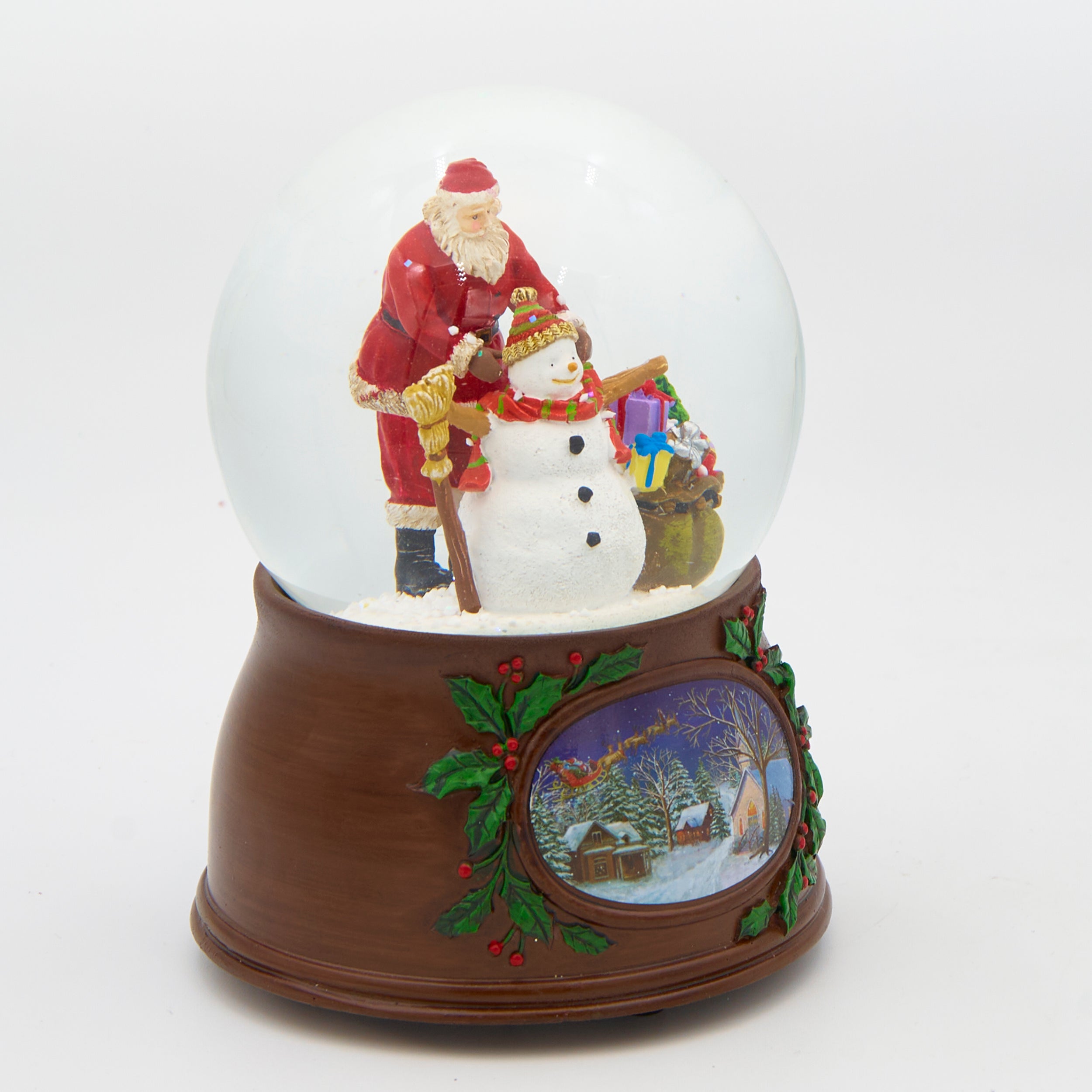 Glitterdome Musical Santa & Snowman with Wood Look Base- "Have Yourself a Merry Little Christmas" Tune