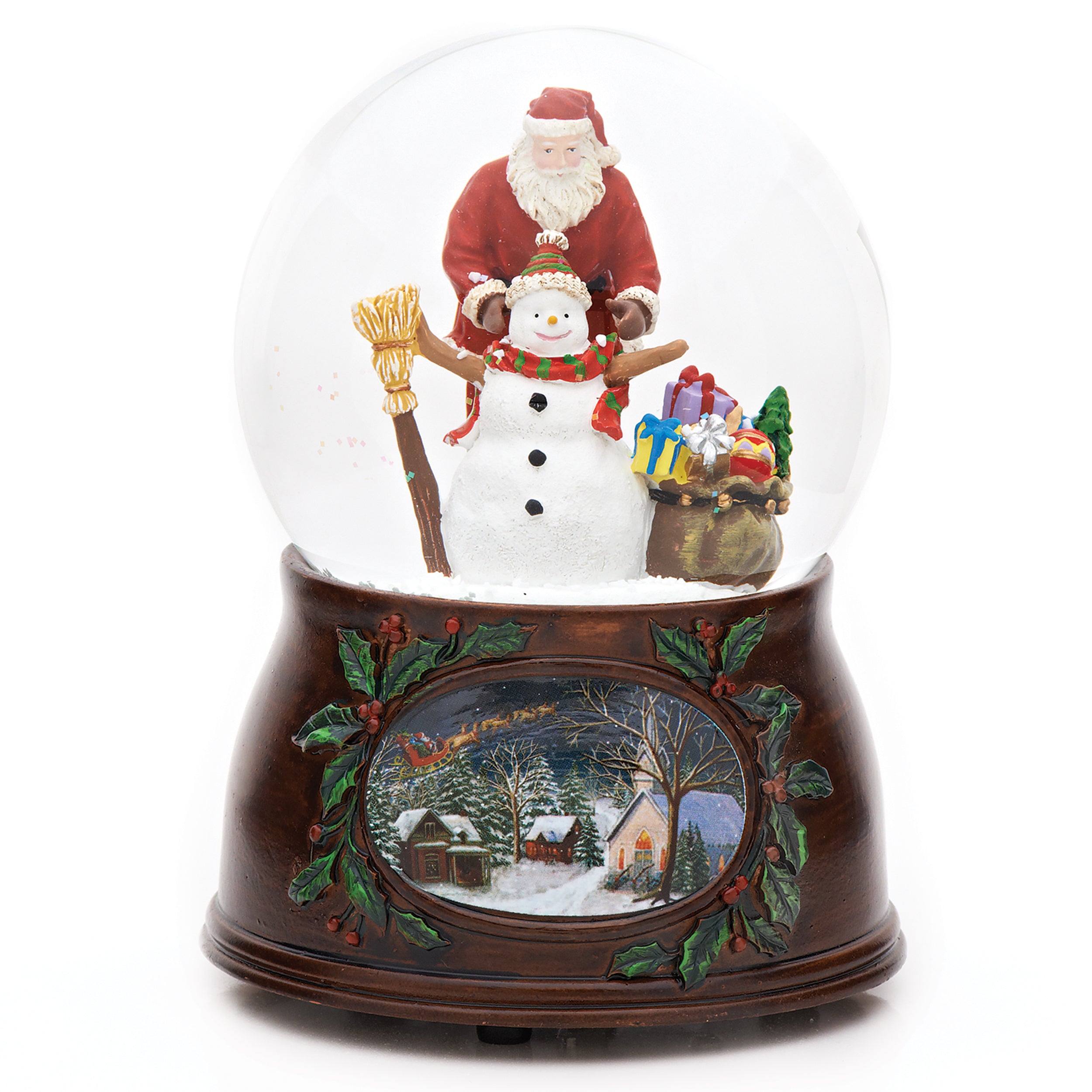 Glitterdome Musical Santa & Snowman with Wood Look Base- "Have Yourself a Merry Little Christmas" Tune