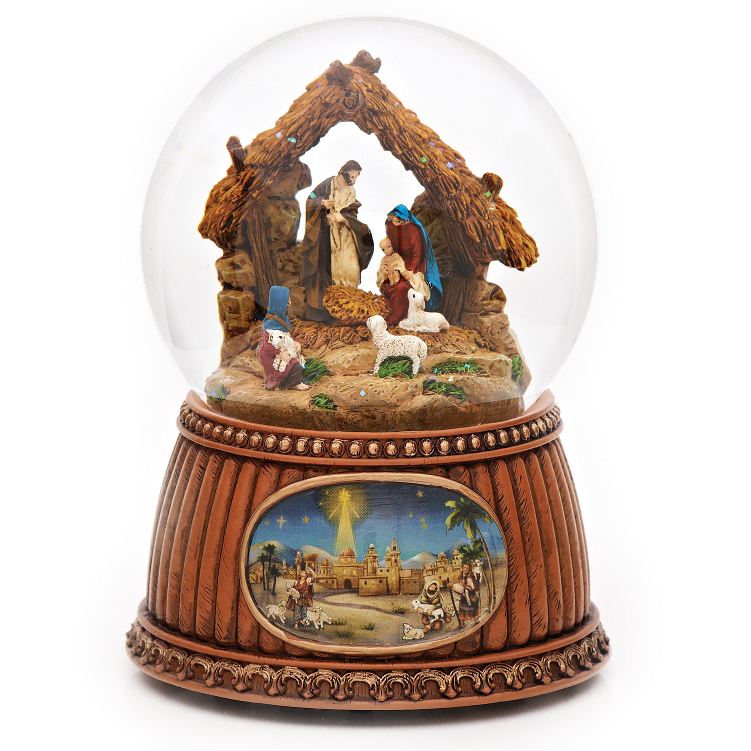 Glitterdome Musical Nativity with Wood Look Base - "O Holy Night" Tune