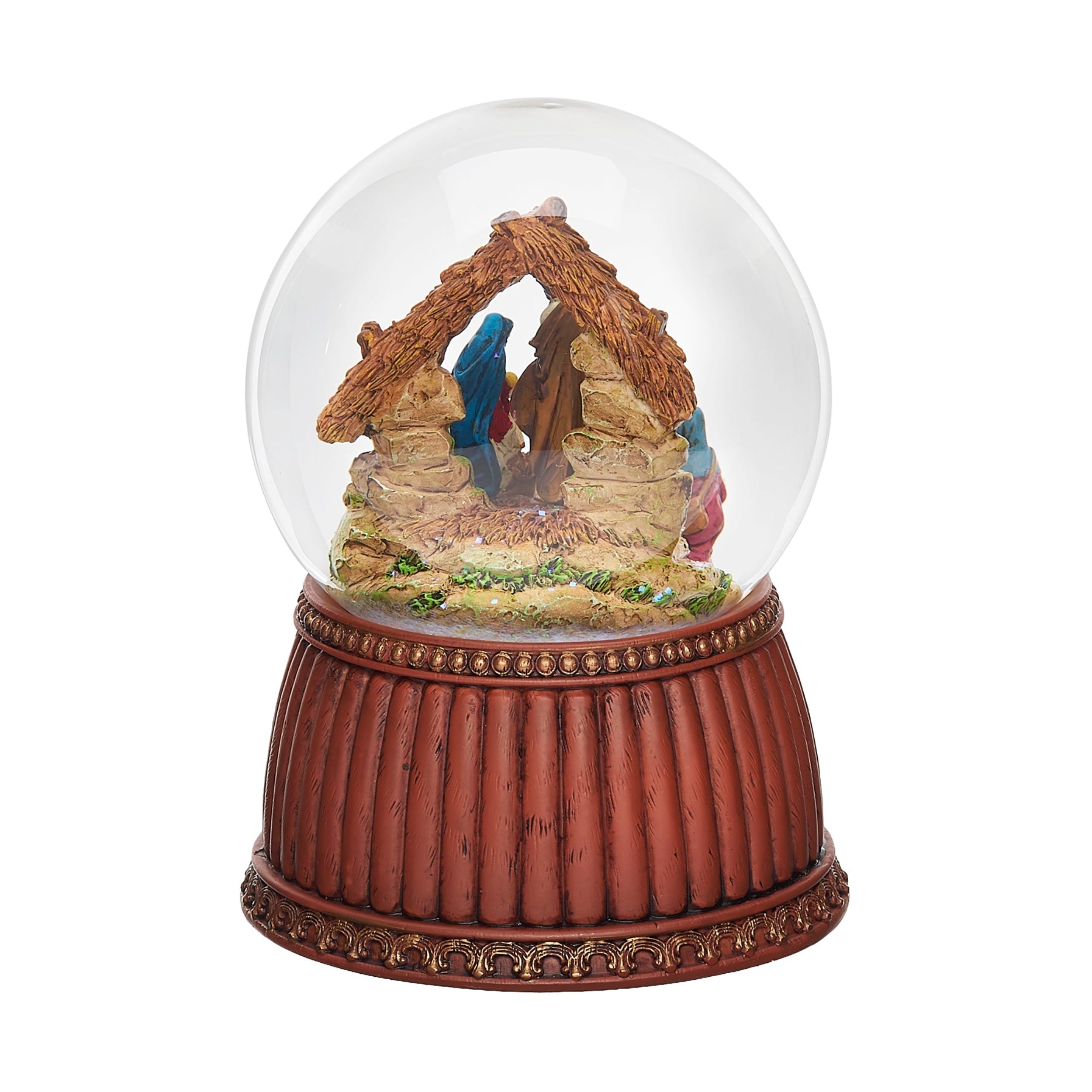 Snow globe with nativity scene on a white background