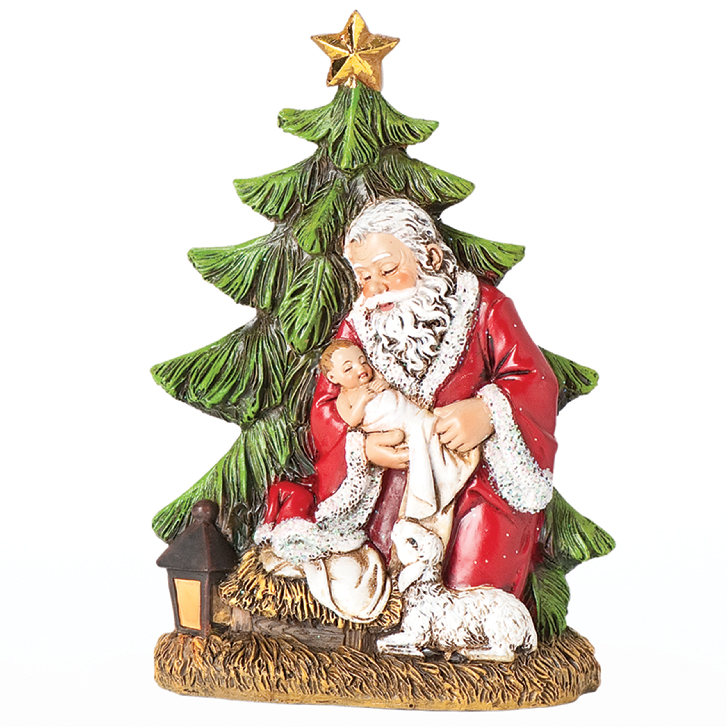 Decorative figurine of Santa Claus holding a baby under a Christmas tree on a white background