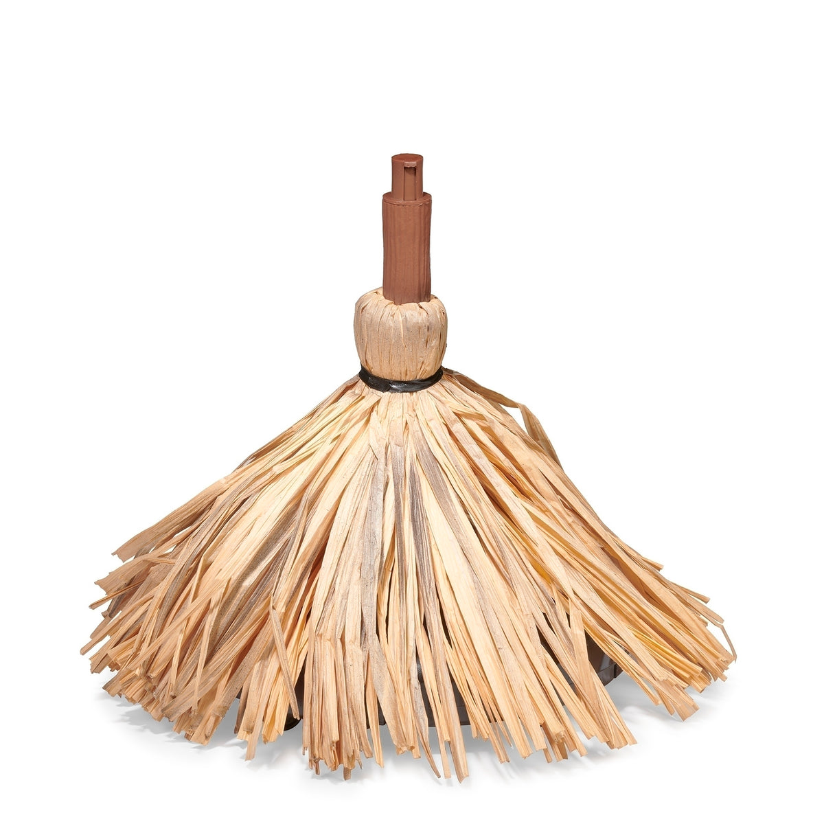 Close-up of the broom head showing tan straw-like bristles and a short brown handle connector.