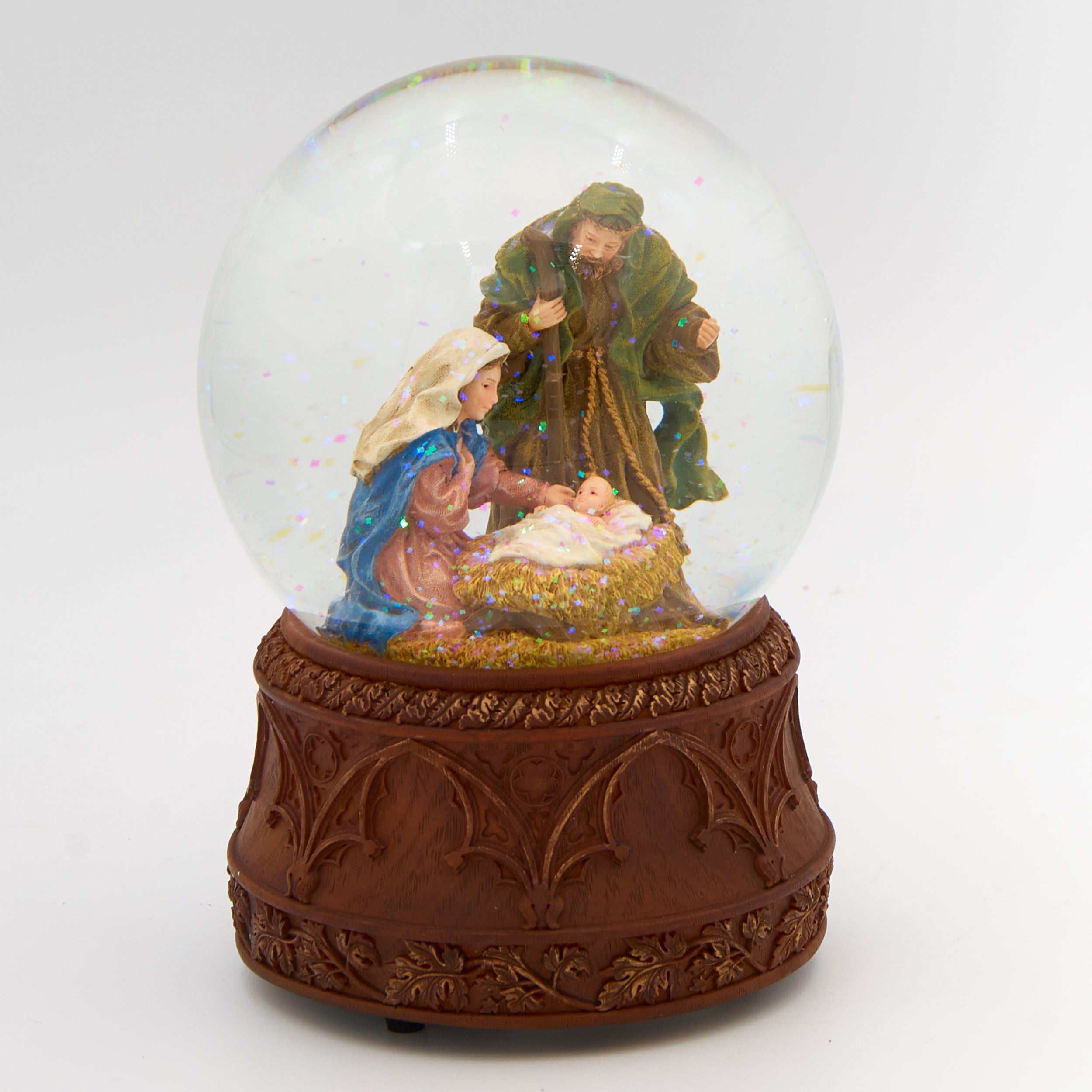 Glitterdome Musical Holy Family Carved Wood Base - "O Holy Night" Tune