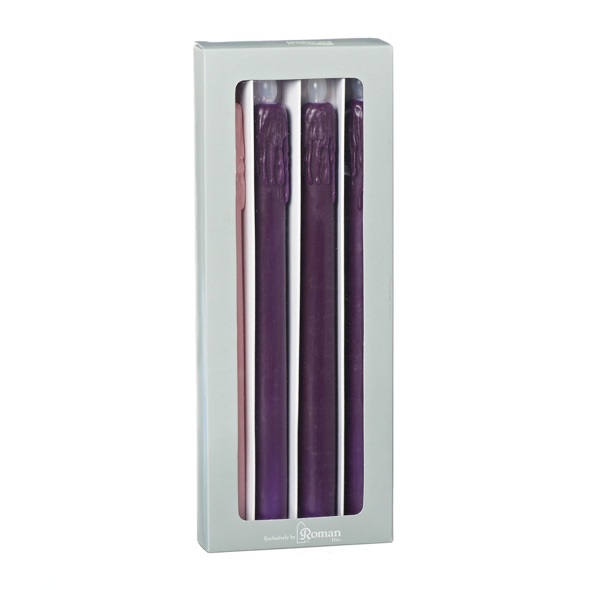 Purple and pink LED Advent taper candle set displayed in a tall window box.