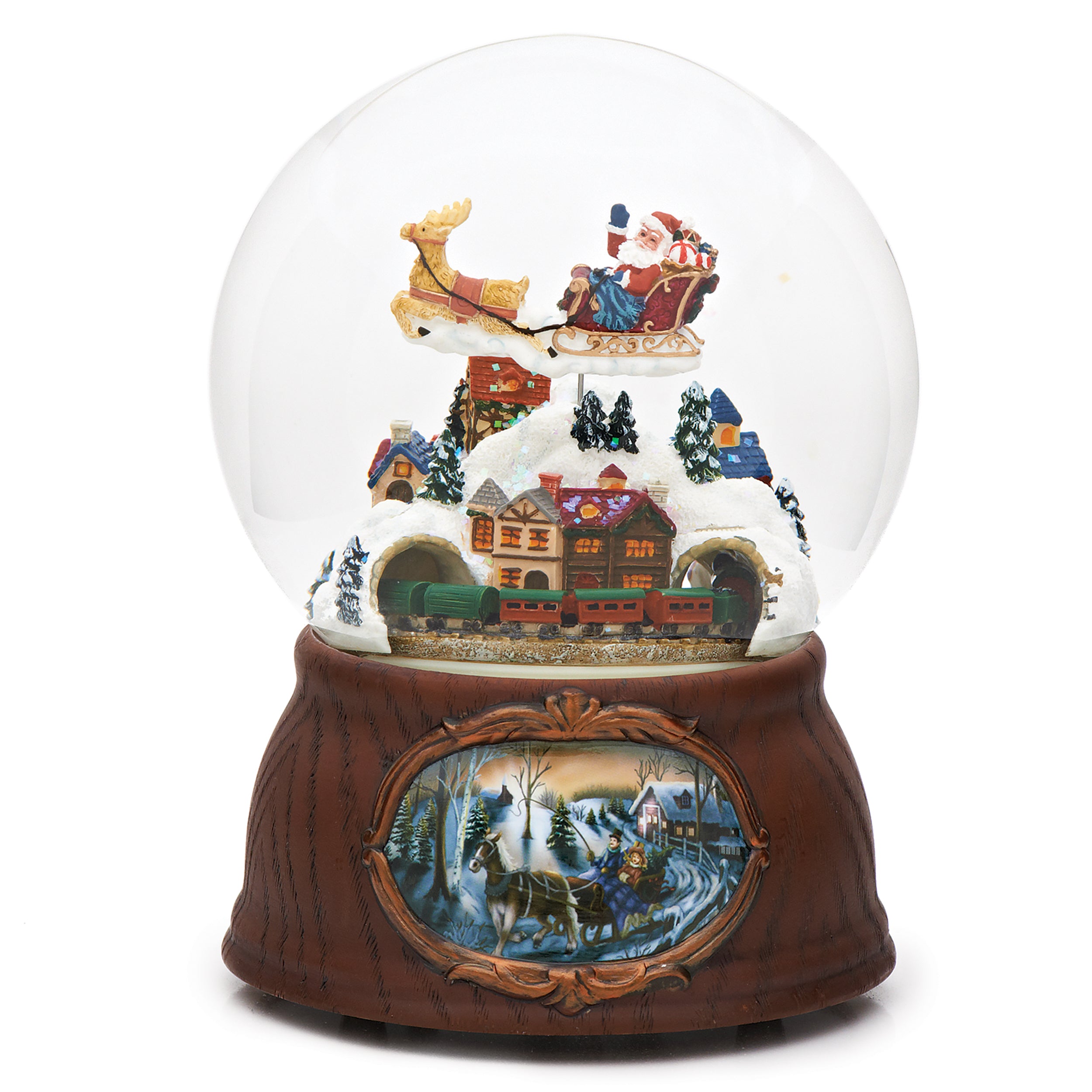 Christmas-themed snow globe with Santa Claus, reindeer, and a village scene on a white background.