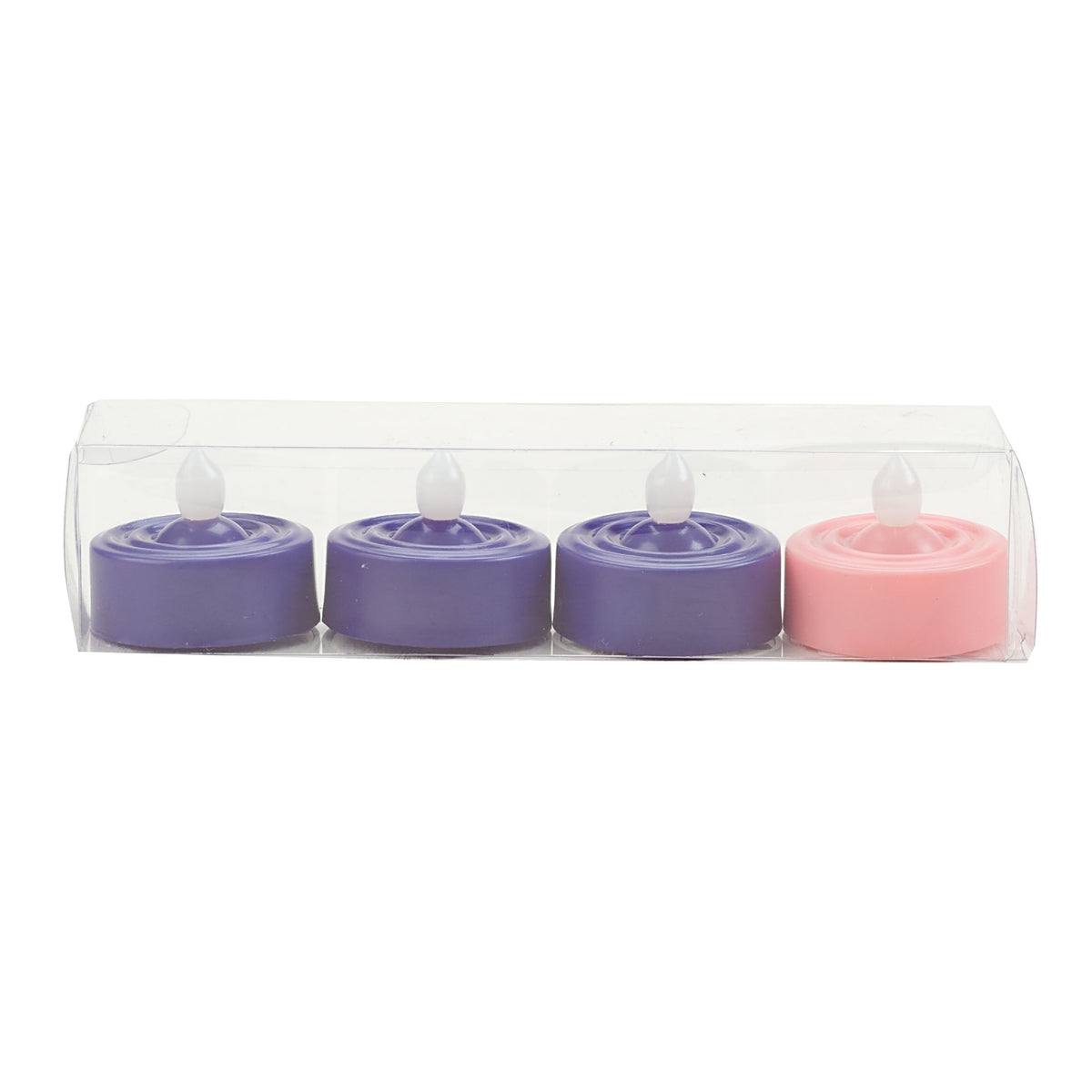 Set of three purple and one pink flameless Advent tea lights arranged in a row inside clear packaging.