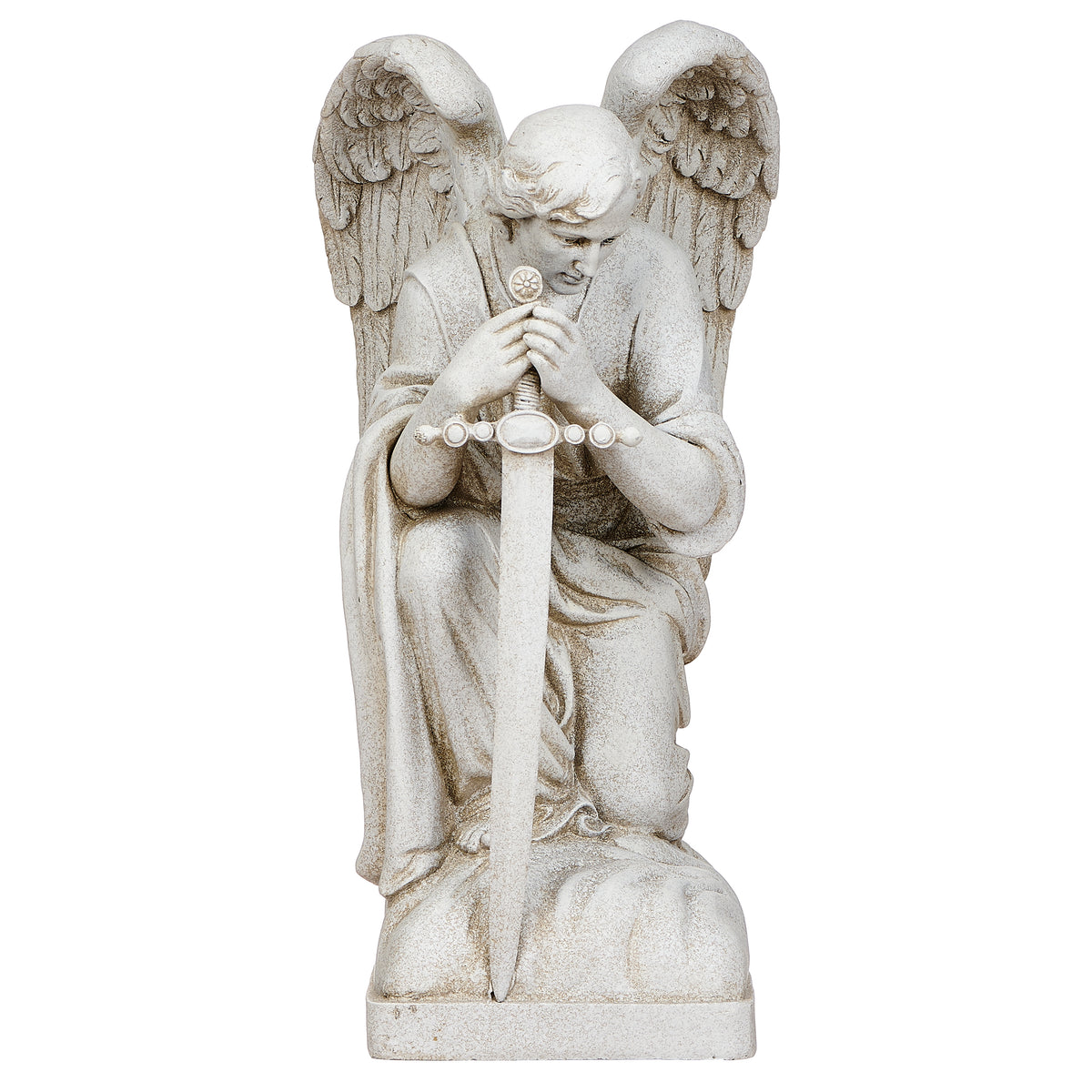 Front angled view of Joseph's Studio Male Angel Kneeling Garden Statue showing the kneeling pose, sword, sculpted wings, and stone-look finish