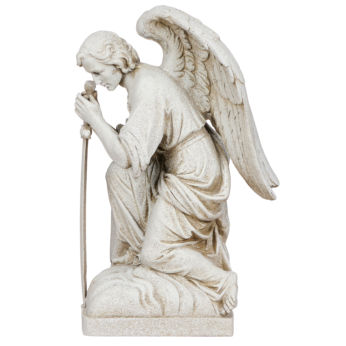 Side view of Joseph's Studio Male Angel Kneeling Garden Statue showing the bowed head, sword, flowing robes, and detailed wings