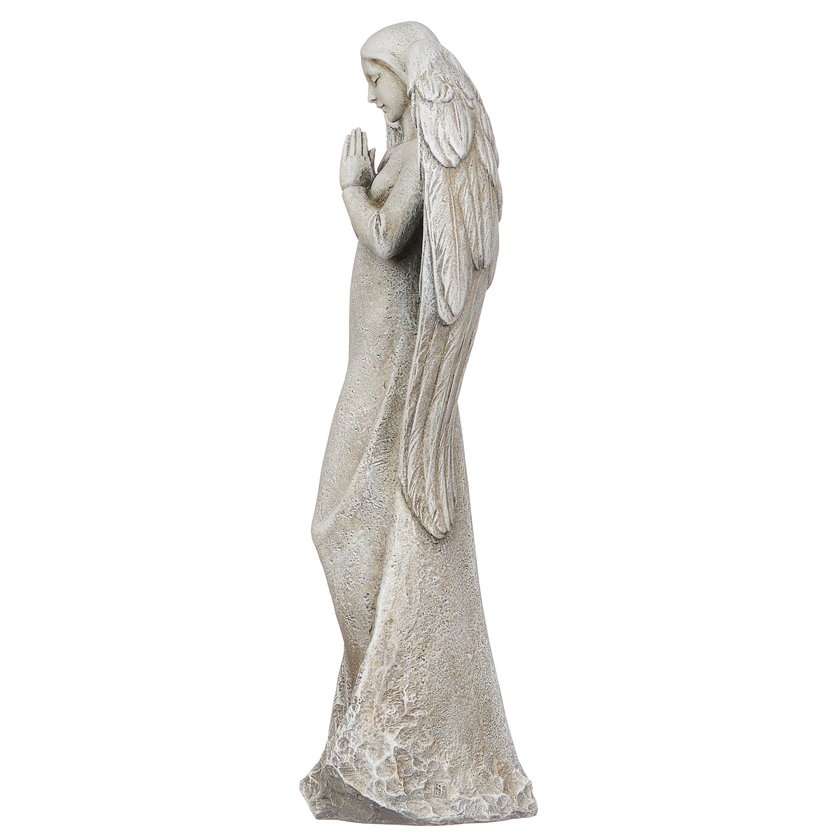 Front angled view of Joseph's Studio Praying Angel Garden Statue showing the prayerful pose, sculpted wings, and flowing gown