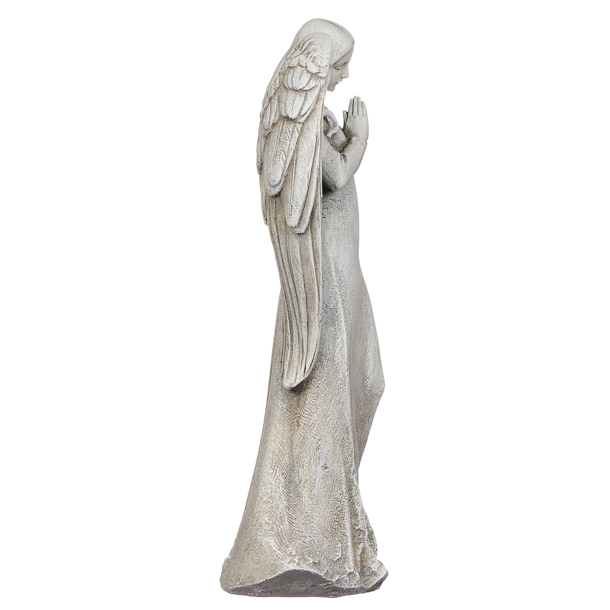 Side view of Joseph's Studio Praying Angel Garden Statue showing the folded hands, bowed head, and flowing sculpted gown