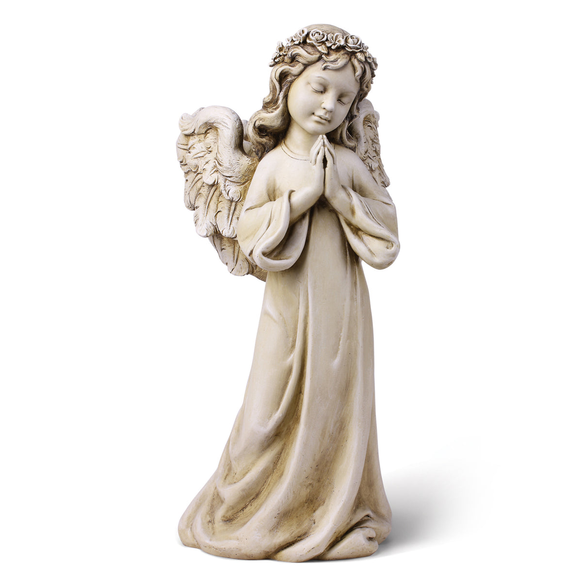 Front angled view of Joseph's Studio Praying Angel Planter showing the prayerful pose, floral crown, flowing gown, and sculpted wings