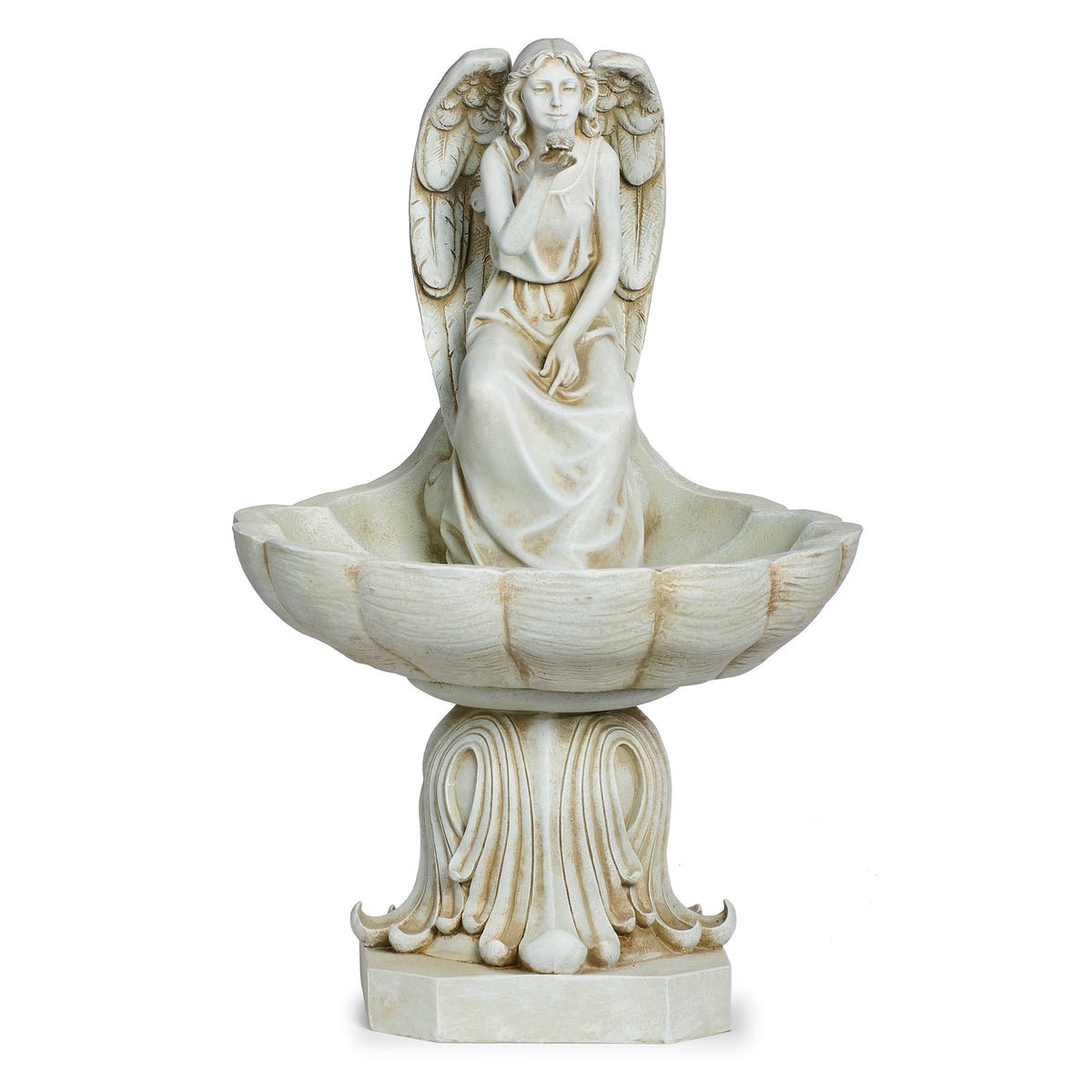 Front angled view of Joseph's Studio Seated Angel Scalloped Birdbath Garden Statue showing the seated angel, scalloped basin, and sculpted pedestal