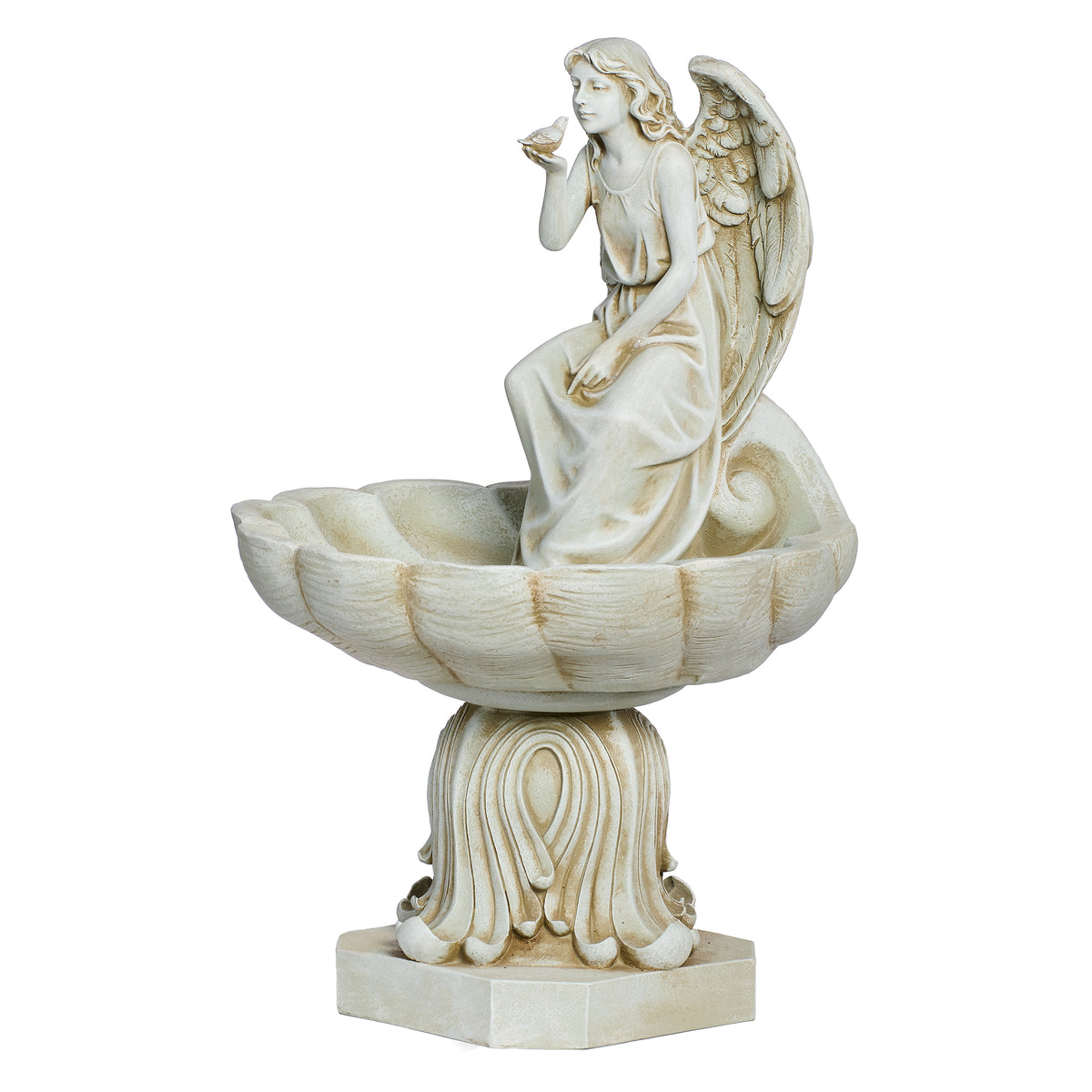 Side view of Joseph's Studio Seated Angel Scalloped Birdbath Garden Statue showing the angel perched above the basin with flowing robes and wing details
