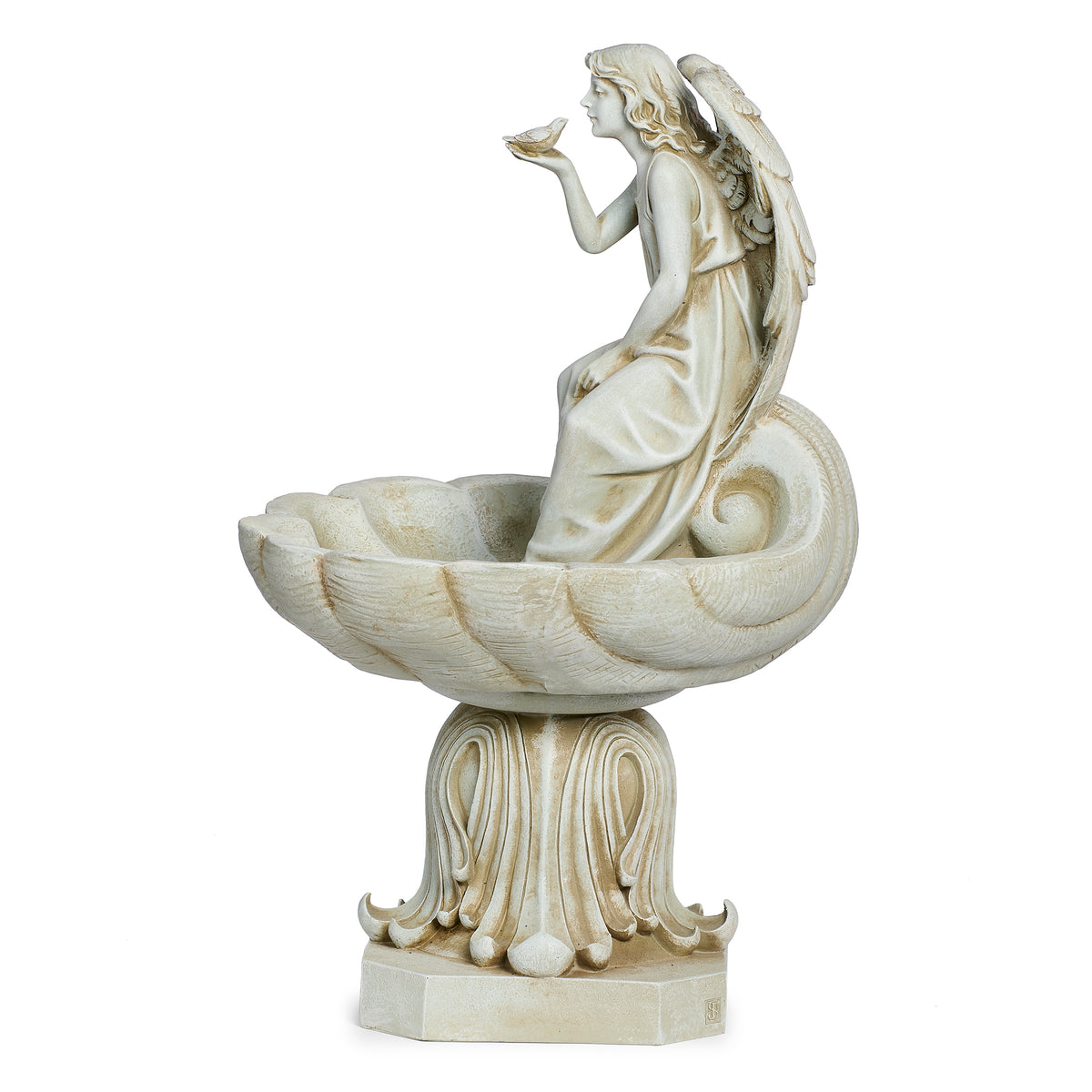 Opposite side view of Joseph's Studio Seated Angel Scalloped Birdbath Garden Statue showing the seated pose, wide basin, and decorative base