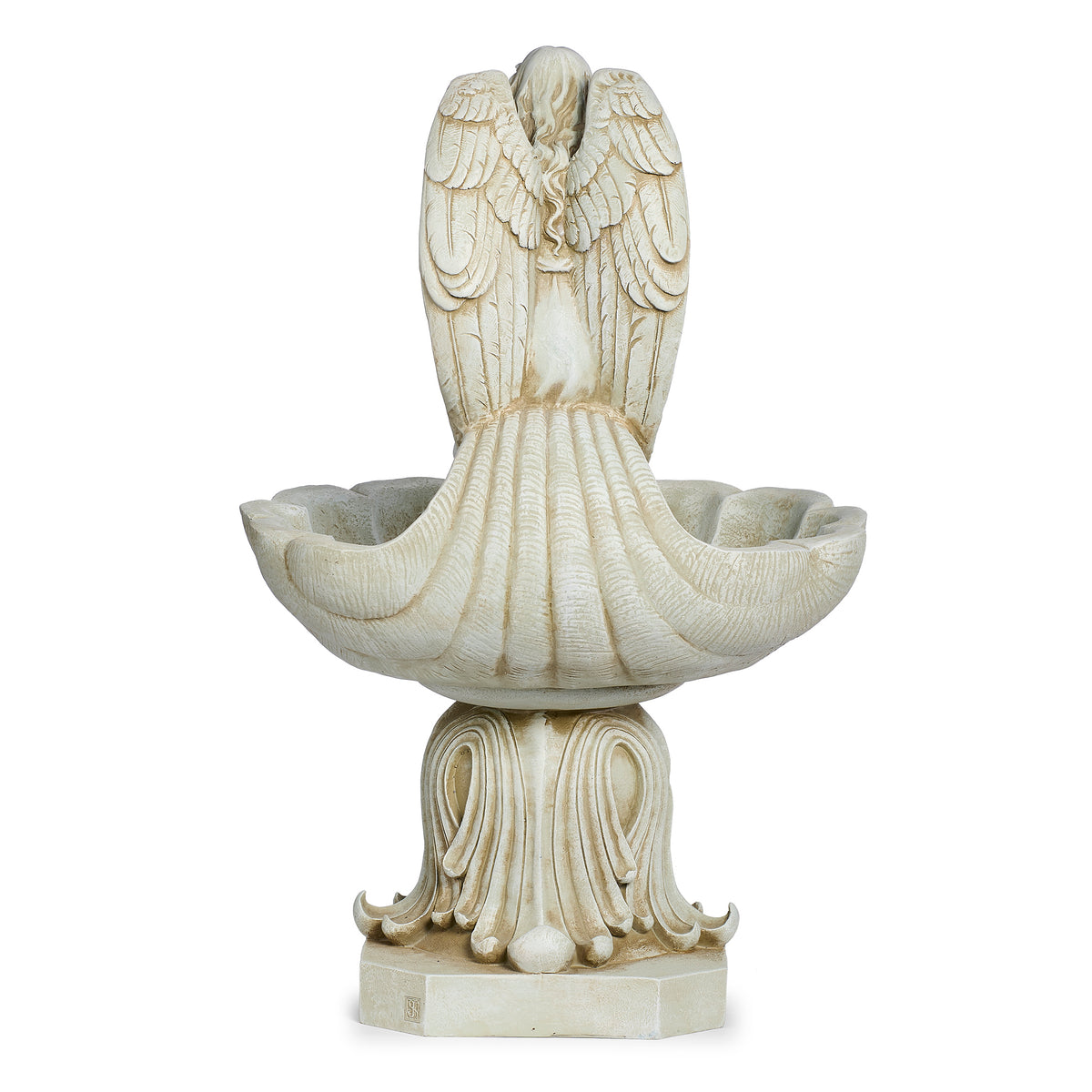 Back view of Joseph's Studio Seated Angel Scalloped Birdbath Garden Statue showing the large feathered wings and scalloped birdbath basin