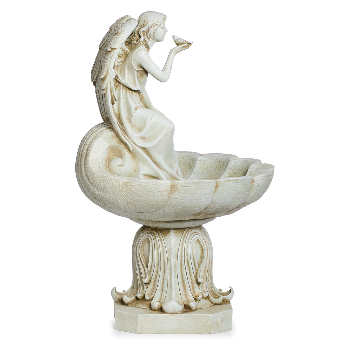 Rear angled view of Joseph's Studio Seated Angel Scalloped Birdbath Garden Statue showing the basin shape, angel figure, and pedestal details