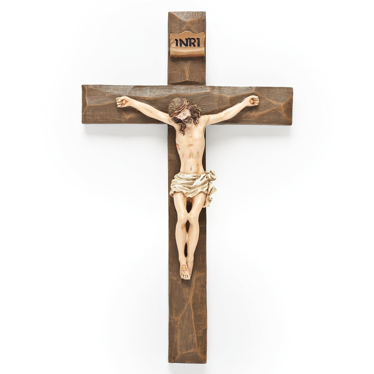 Beveled wood-look Catholic wall crucifix with traditional corpus of Jesus Christ