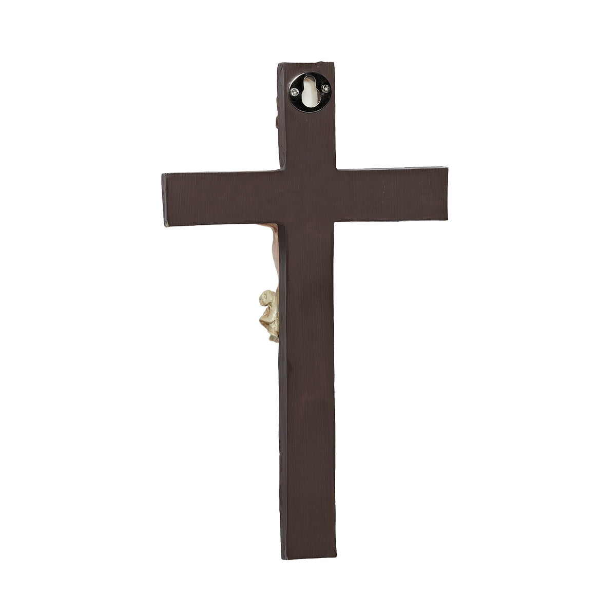 Back view of 8-inch beveled wall crucifix with hanging hardware