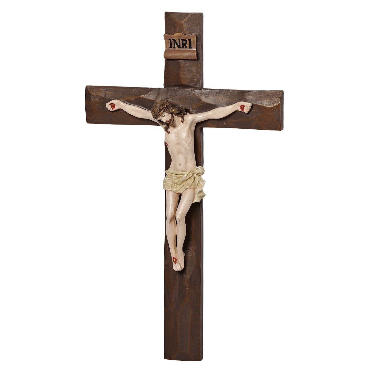 Large beveled wood-look Catholic crucifix with traditional corpus and INRI plaque