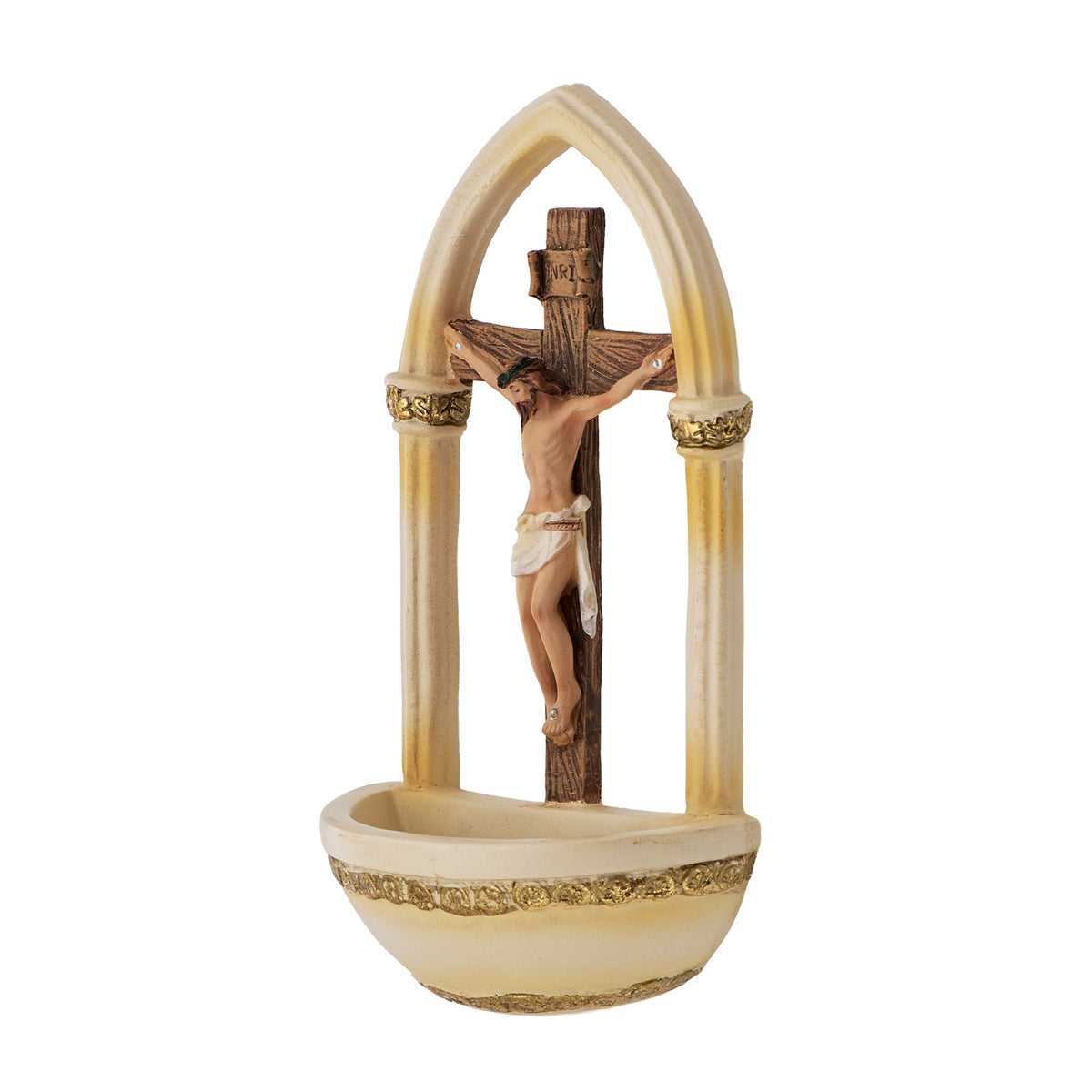 Front angled view of Crucifix Holy Water Font showing the crucifix, decorative arch, and rounded water basin