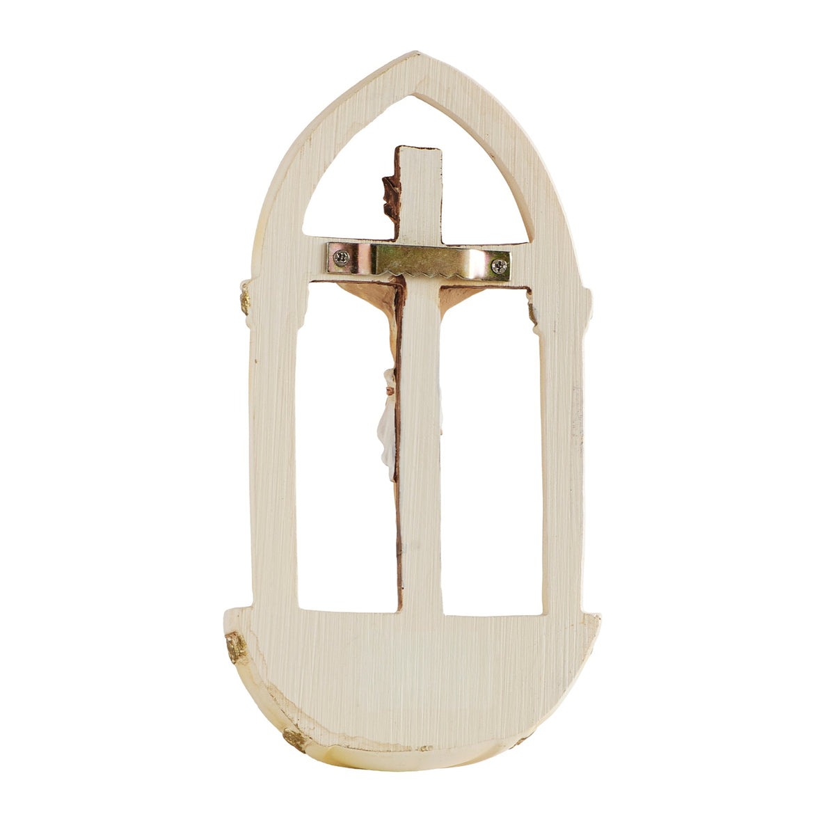 Back view of Crucifix Holy Water Font showing the plain cream backing and arched wall-mounted design