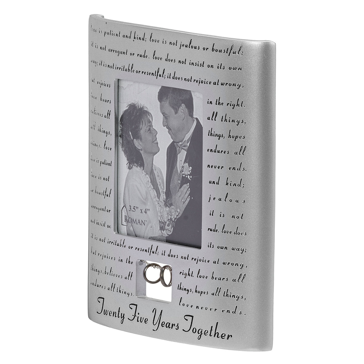 Angled front view of 25th anniversary frame showing the curved shape and scripture surrounding the photo opening.
