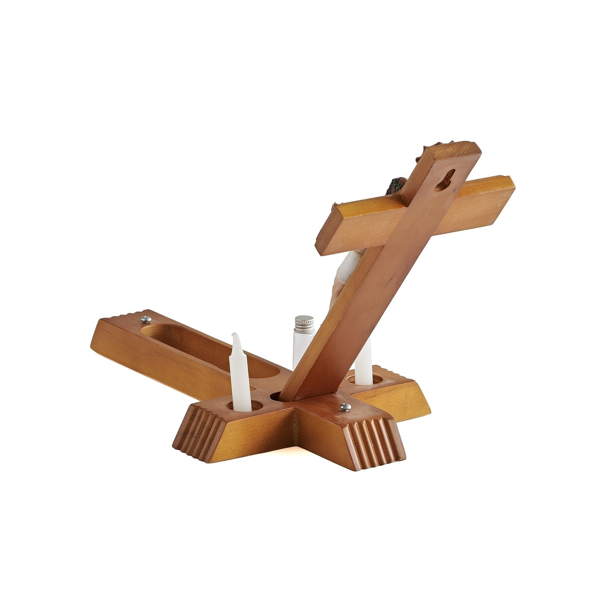 Wooden sick call crucifix opened to reveal candle and holy water compartments