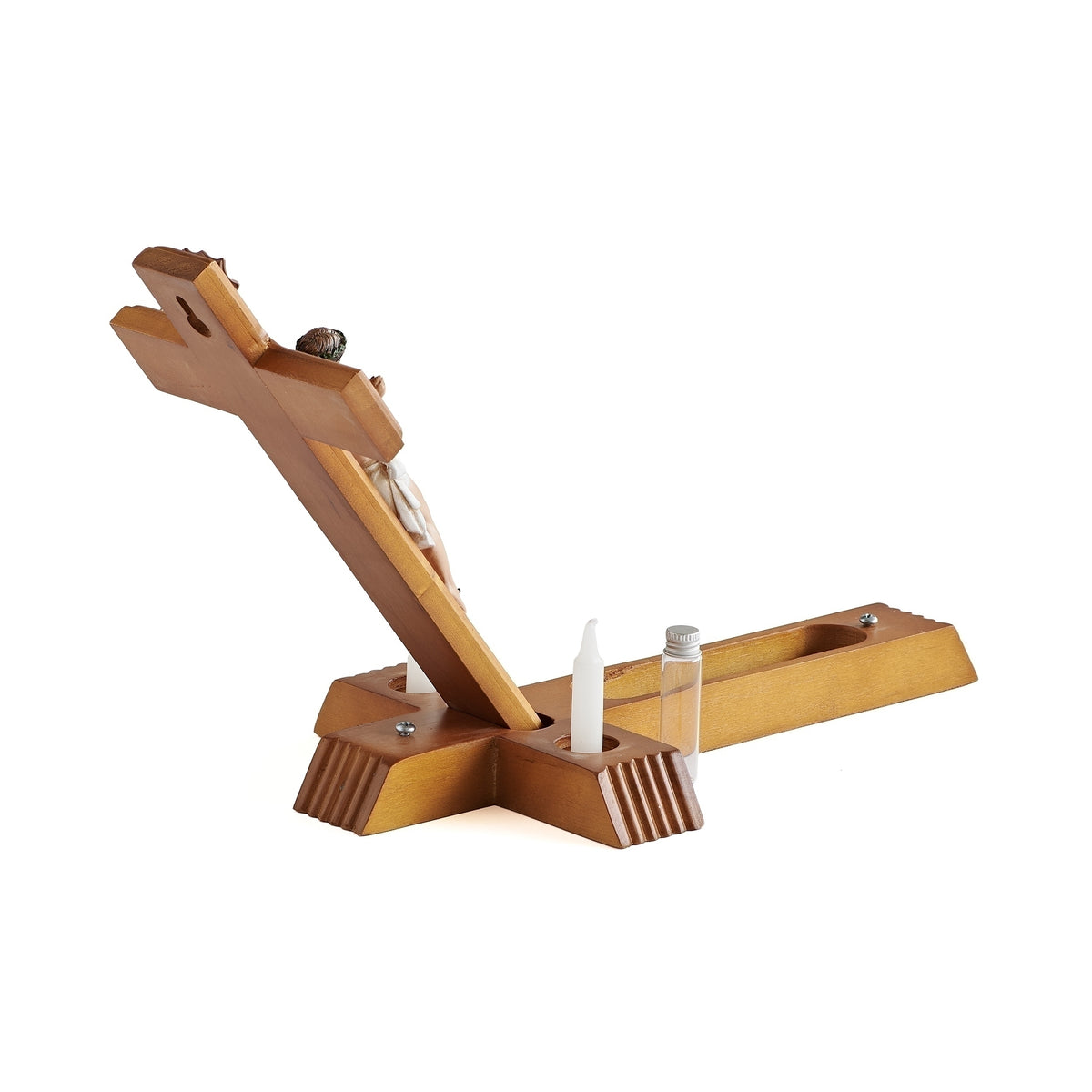 Catholic sick call crucifix set opened with candles and holy water bottle
