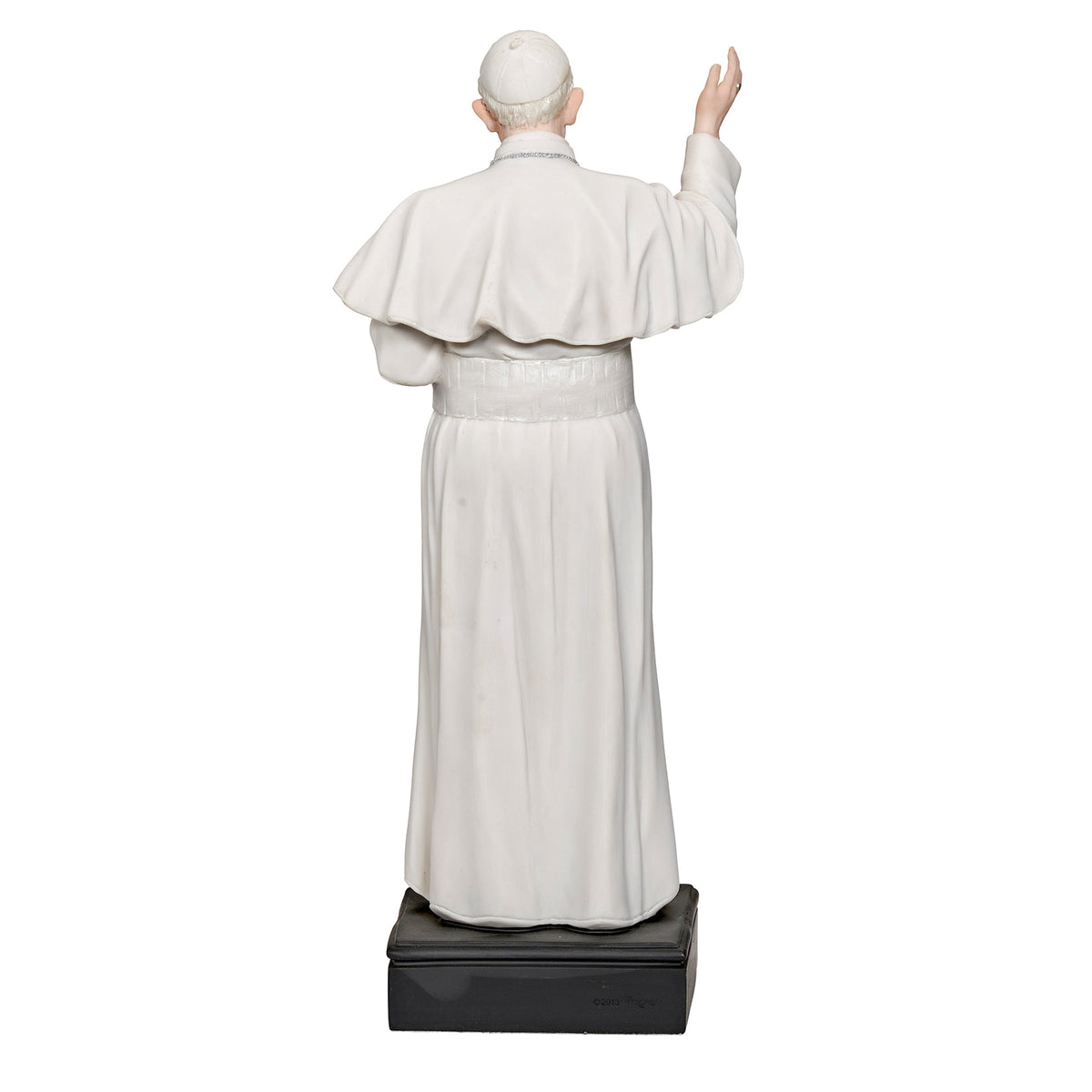 Back view of Pope Francis figure showing the full length of his white papal robes and black base