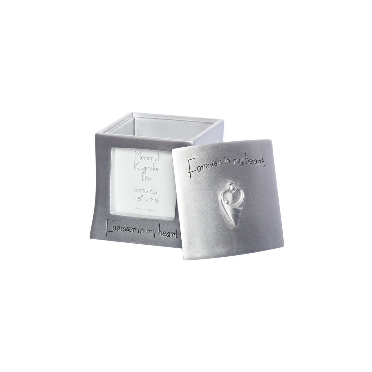 Open Forever in My Heart Memorial Keepsake Box showing the picture frame insert and decorative memorial lid