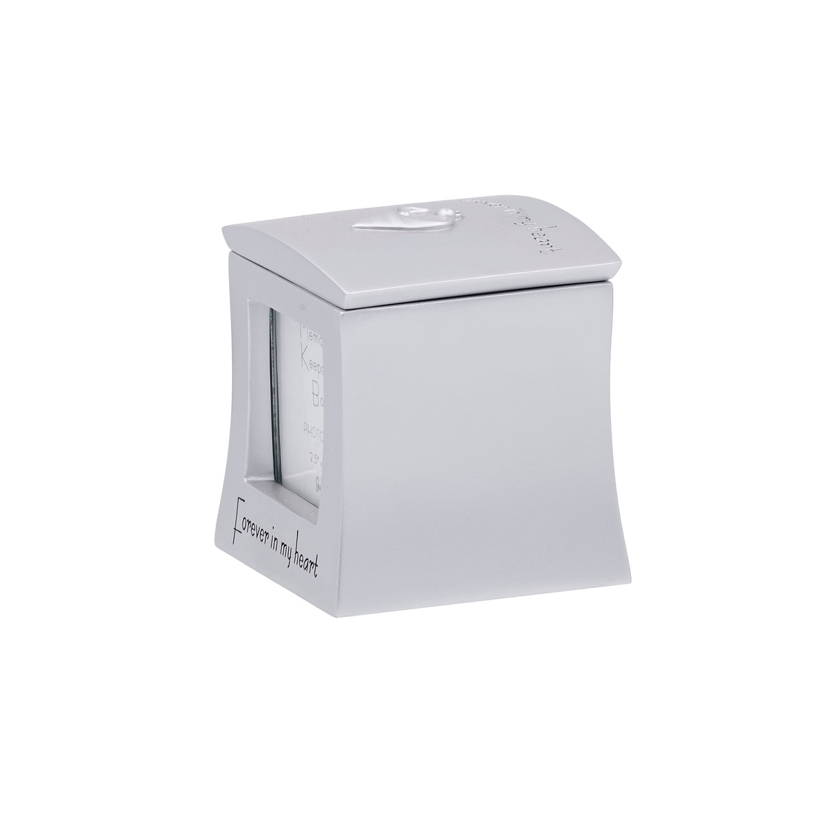 Side view of Forever in My Heart Memorial Keepsake Box showing the silver-tone finish and inset picture frame