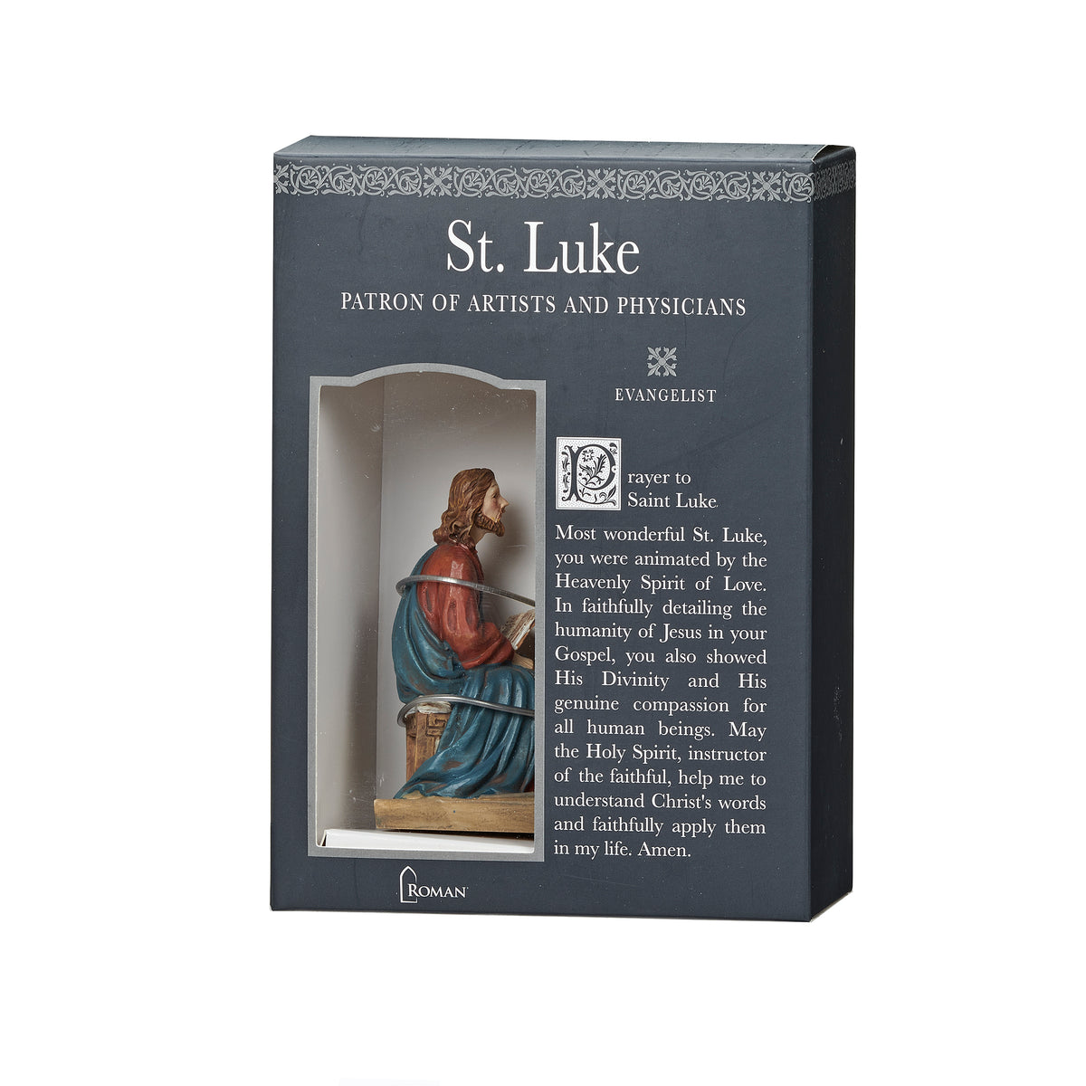 St. Luke the Evangelist Patrons & Protectors figure shown on the front of its black informational gift box