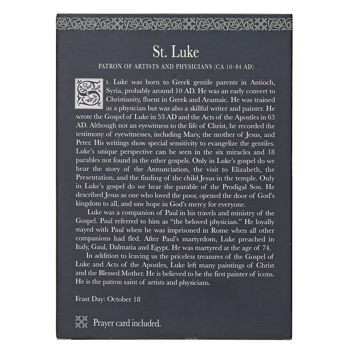 Back of St. Luke the Evangelist Patrons & Protectors packaging with devotional and product information