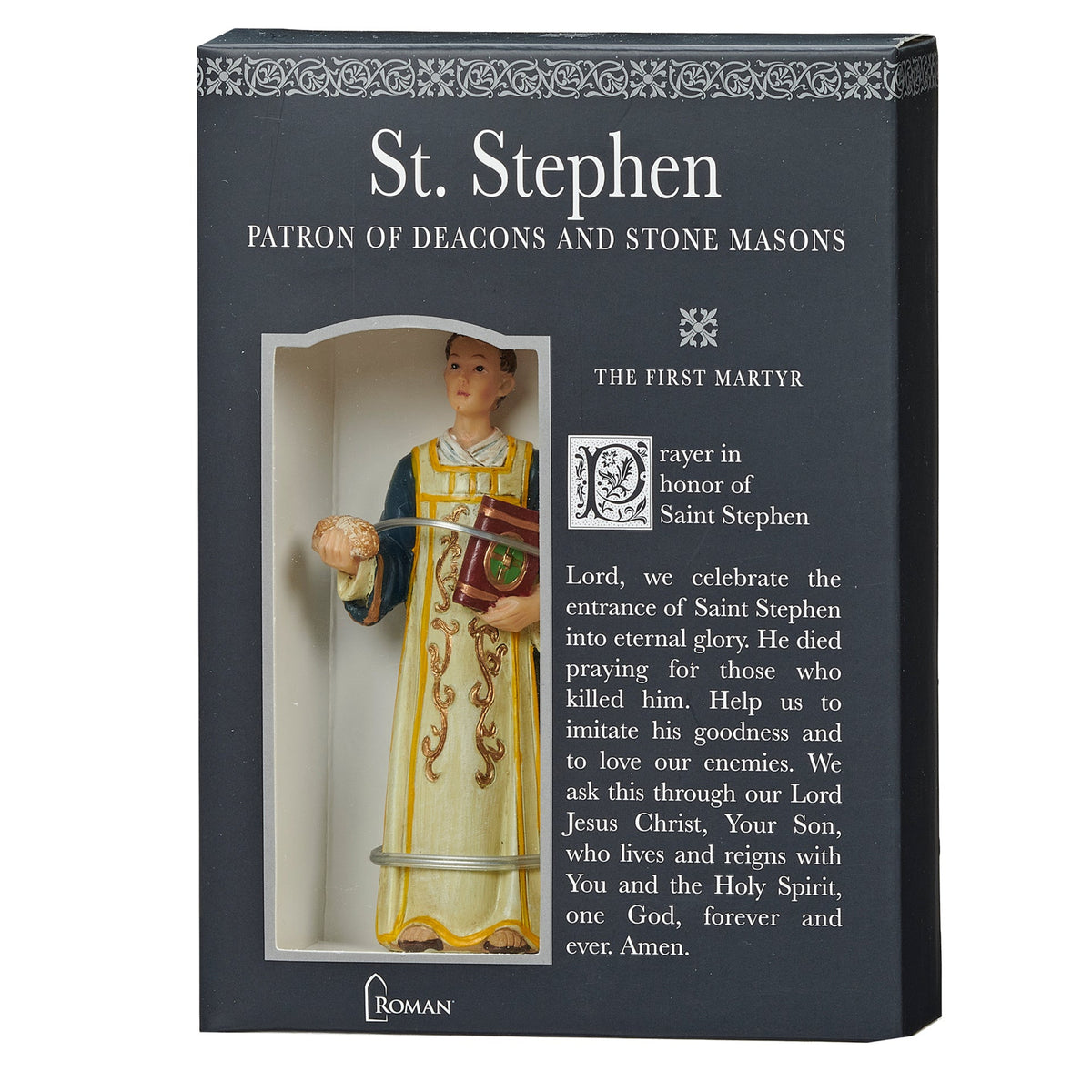 St. Stephen Patrons & Protectors figure shown on the front of its black informational gift box