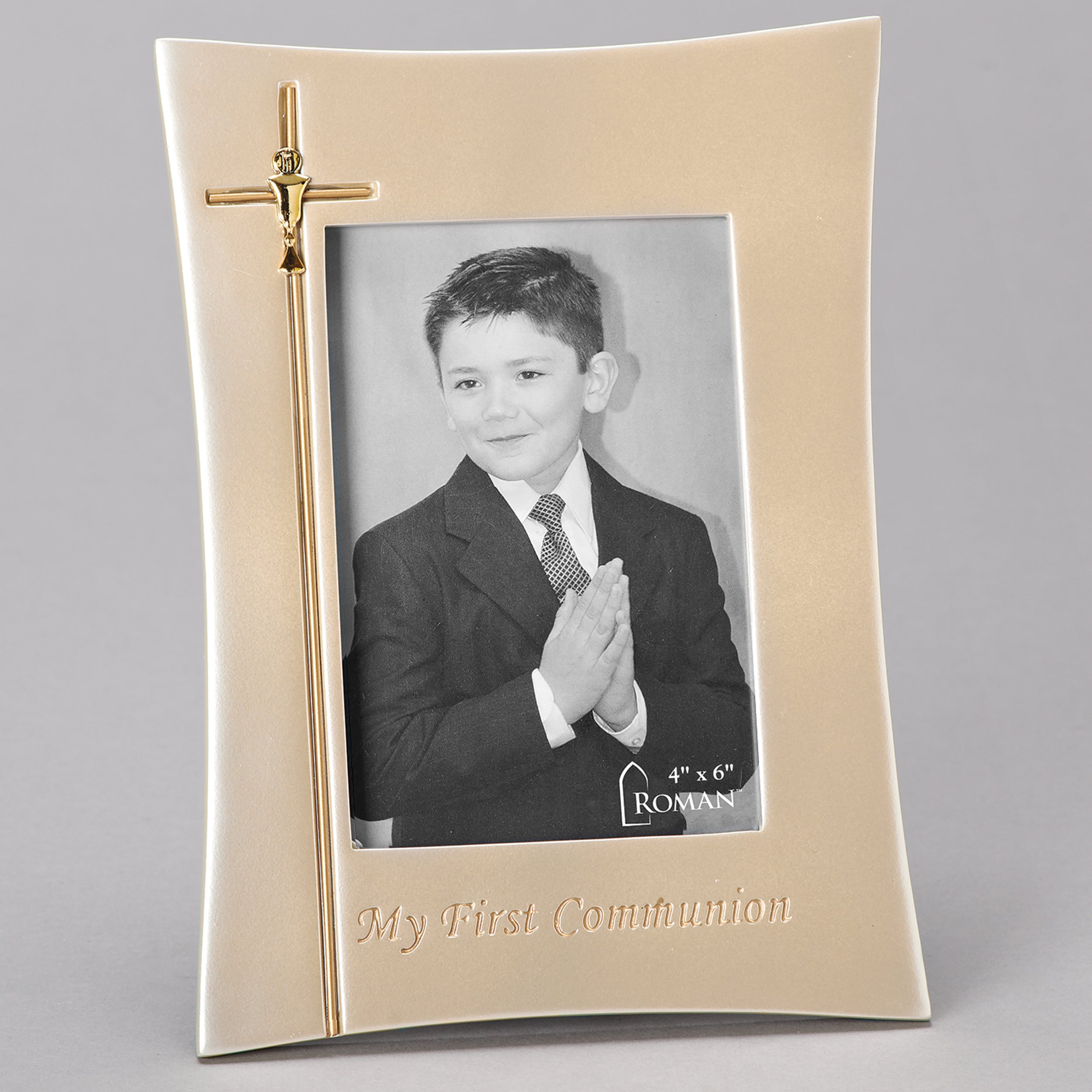 First Communion Frame with Gold Crucifix & Curved Edge