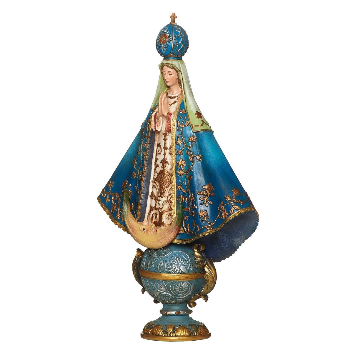 Joseph’s Studio Virgin of San Juan de Lagos Figure featuring Mary in an ornate blue and gold mantle with jeweled crown and decorative pedestal base