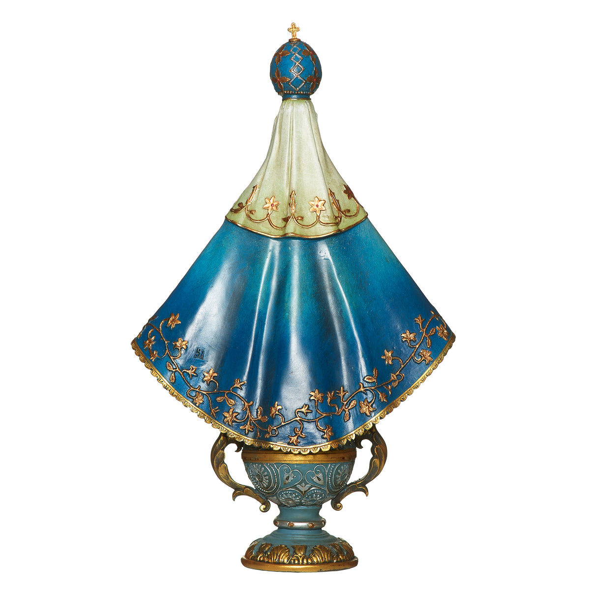 Back view of Joseph’s Studio Virgin of San Juan de Lagos Figure showing the flowing blue mantle with gold trim and decorative pedestal