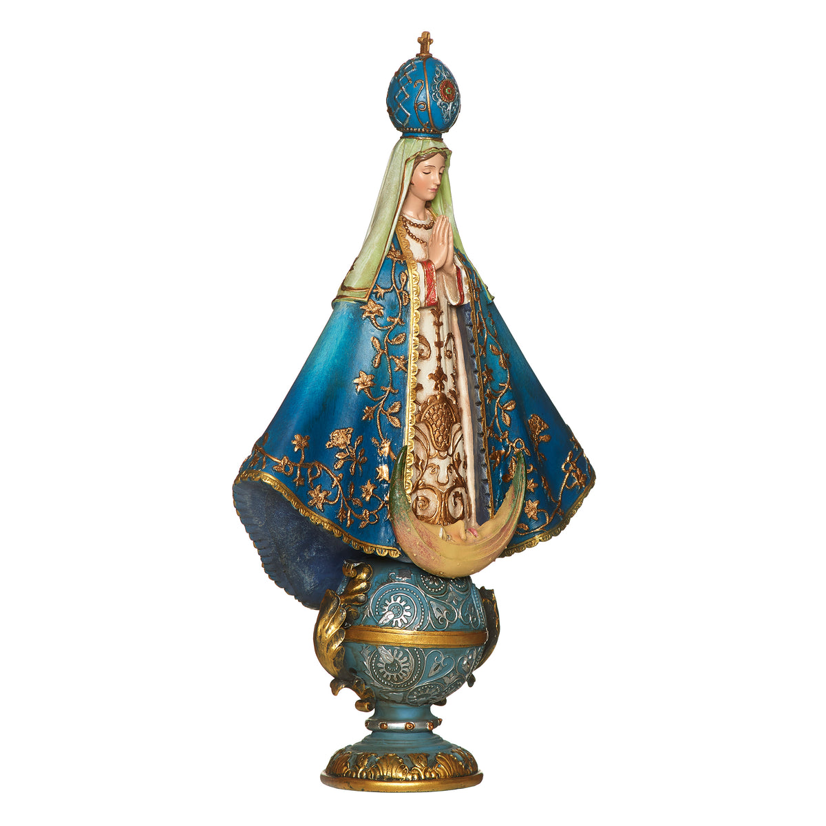 Opposite front angled view of Joseph’s Studio Virgin of San Juan de Lagos Figure highlighting the ornate mantle, crown, and sculpted base
