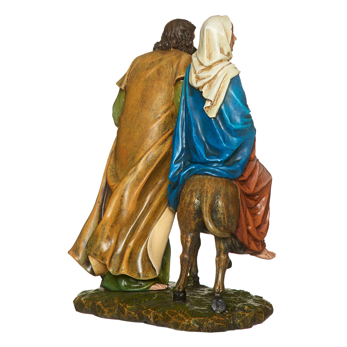 Back view of Joseph's Studio La Posada Figure showing Mary seated on the donkey beside Joseph with layered blue and earth-tone robes