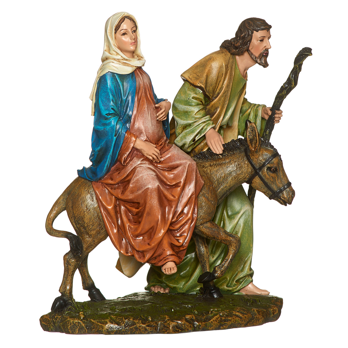 Opposite side view of Joseph's Studio La Posada Figure showing Mary riding the donkey while Joseph walks alongside with his staff