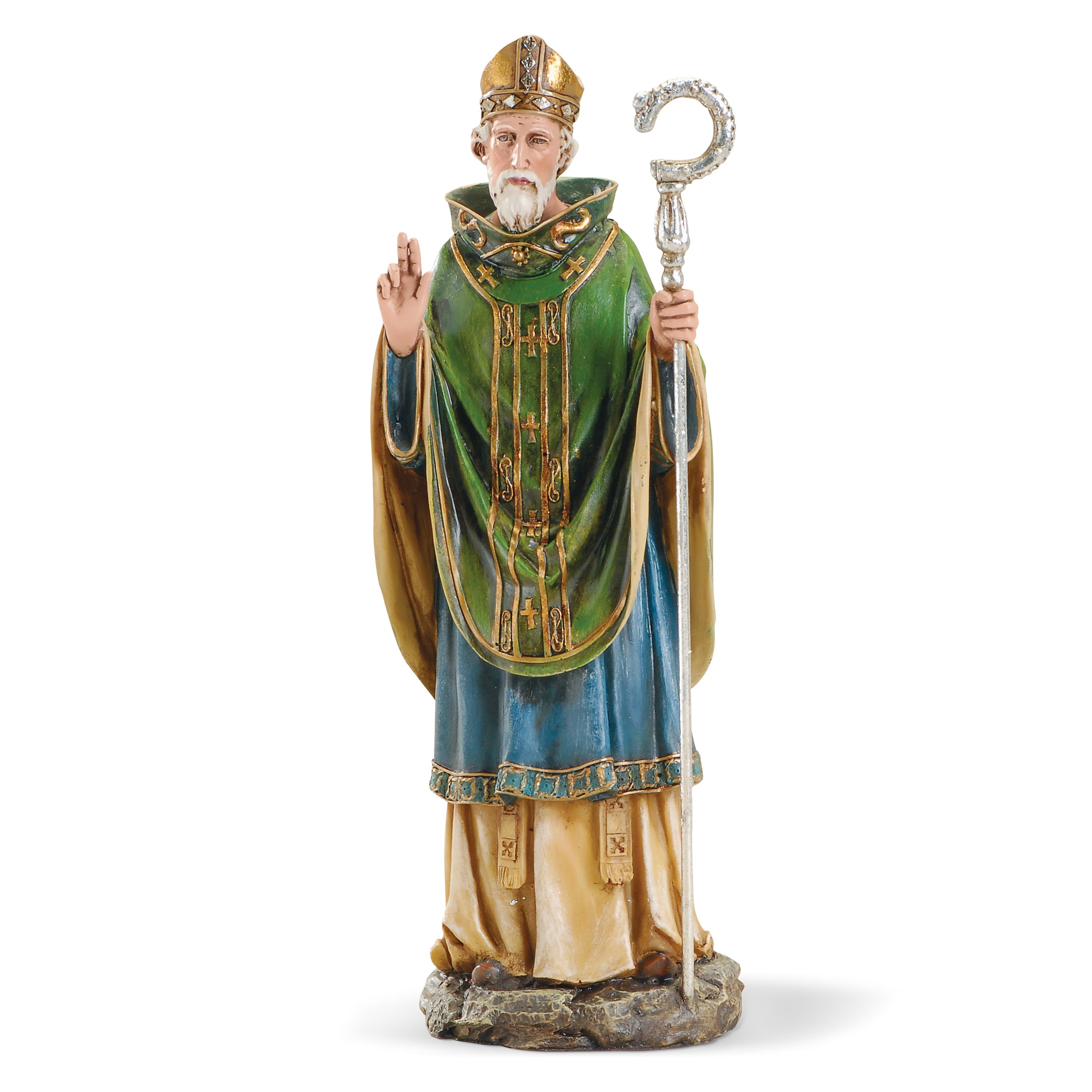 Statue of a religious figure in green and gold robes holding a staff on a white background
