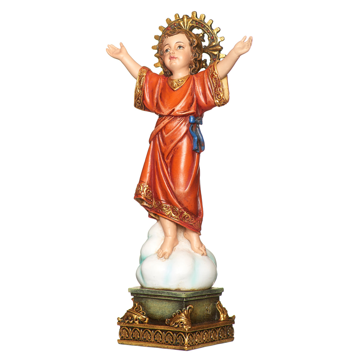 Front view of The Divine Child Renaissance Collection Figure showing the raised arms, red robe, radiant halo, and decorative pedestal